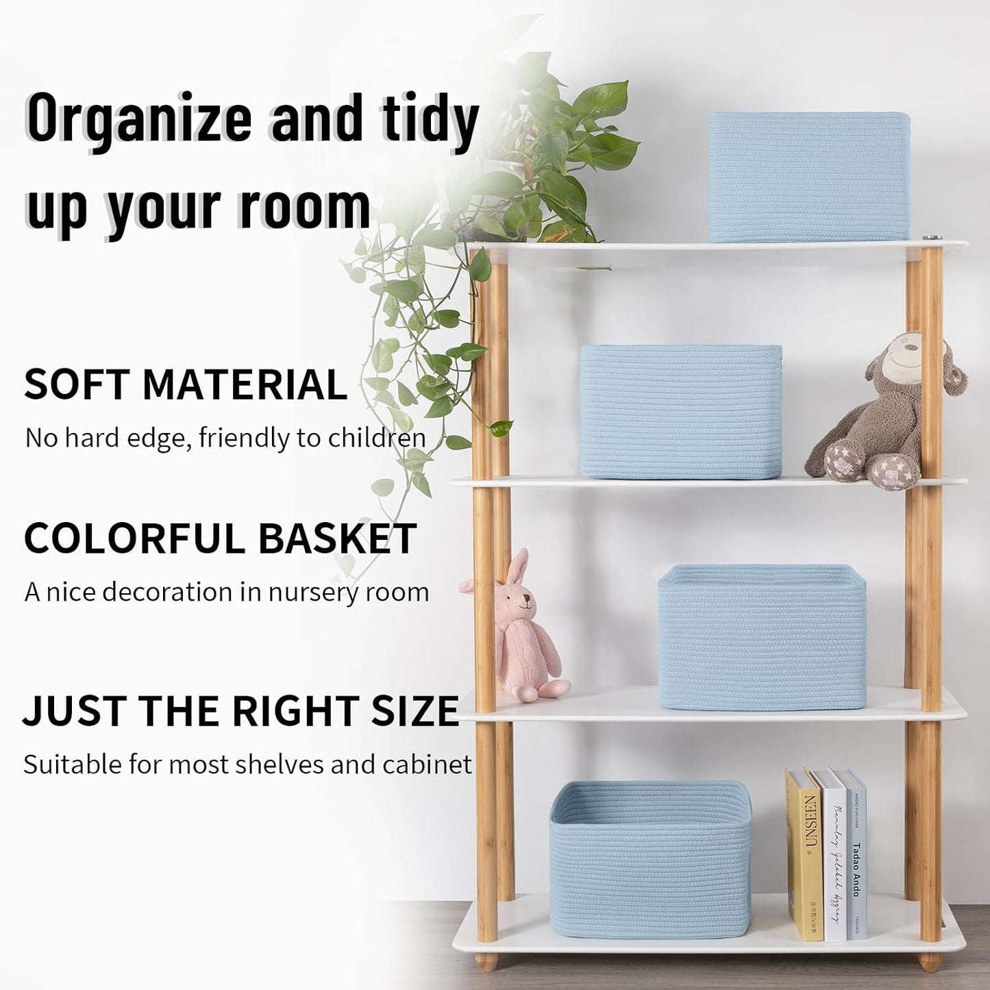 4 Pack Storage Baskets for Organizing Toys, Towels, and Clothes, Woven Basket for Shelves, Sturdy Nursery Cube Bins for Storage, 13''L x9''W x7.8''H, Blue