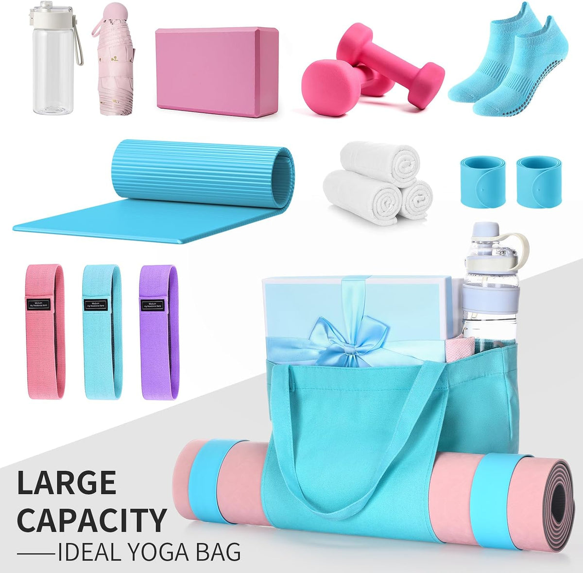 Halloscume Yoga Mat Bag Set for Women Including Yoga Tote Bag (Without Mat) Booty Resistance Bands Non Slip Sports Socks Silicone Ties for Pilates Travel Workout Office Home Gym