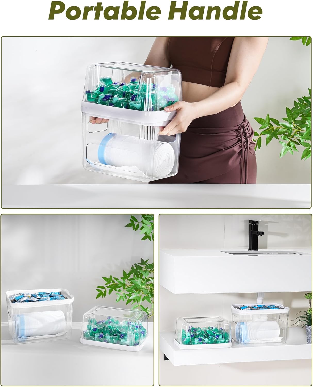 iCASA Trash Bag Dispenser and Dishwasher Pod Organizer, 3 in 1 Dish Pod and Trash Bag Holder Large Garbage Bag Dispenser, Laundry Detergent Pods & Tabs Container Kitchen Under Sink Organizer