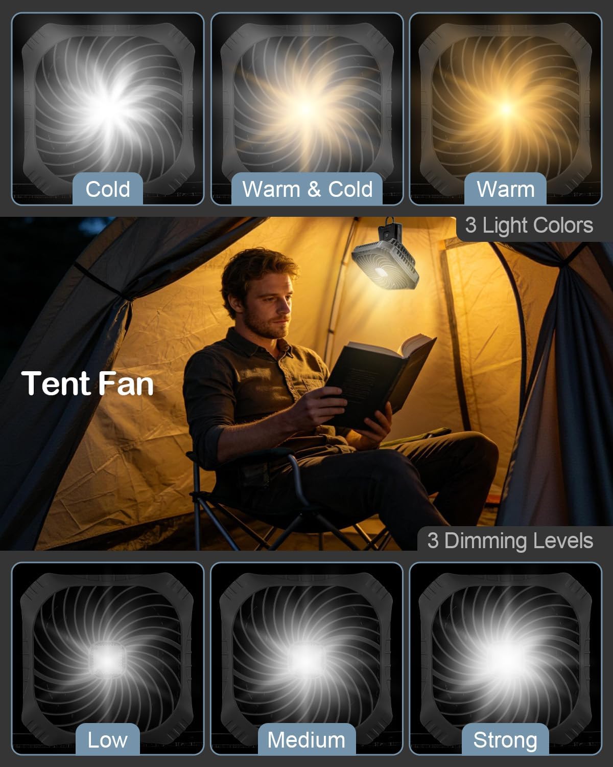 Odoland Portable Camping Fan with LED Lantern, 40H Rechargeable Battery Operated Quiet Tent Fan with Hanging Hook for RV Car Beach Outdoor Hurricane Emergency Outages