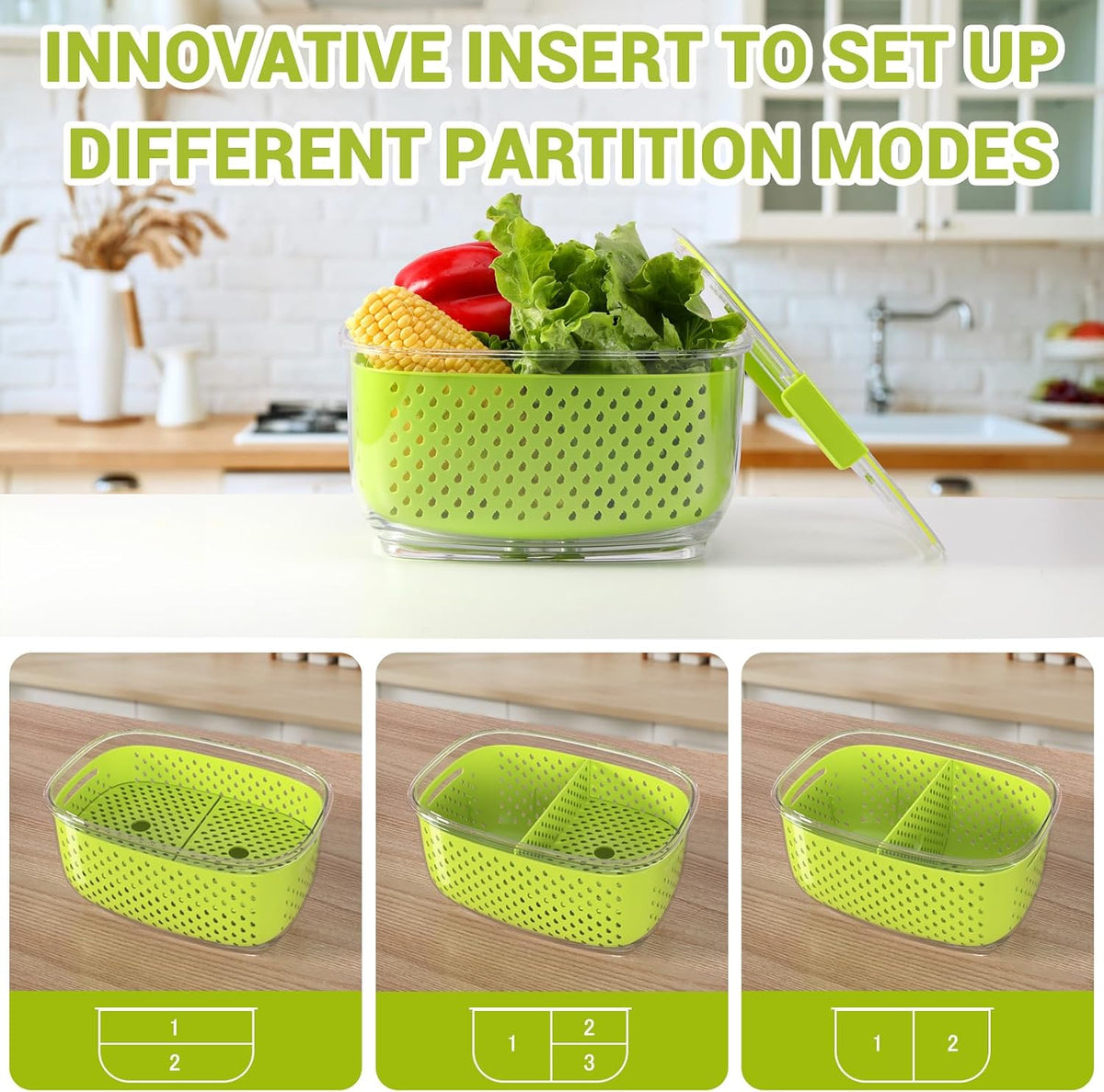LUXEAR Fresh Produce Vegetable Fruit Storage Containers 3Piece Set, BPA-free Fridge Storage Container, Partitioned Salad Container, Fridge Organizers, Used in Storing Fruits Vegetables, Green