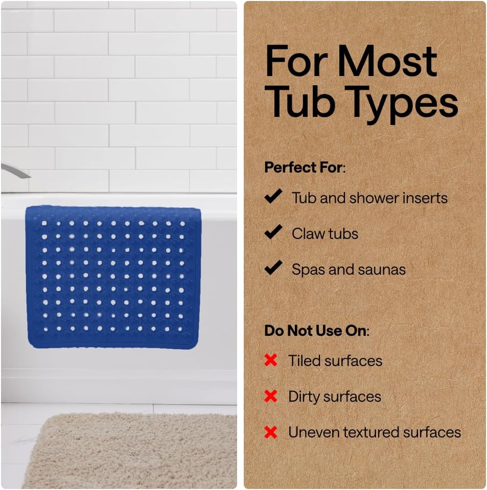 GORILLA GRIP Patented Bath Tub Shower Mat, Machine Washable Bathtub Floor Liner Mats, Suction Cups and Drain Holes to Keep Tubs Clean, Soft on Feet, Bathroom Essentials, 35x16 Inch, Royal Blue Opaque