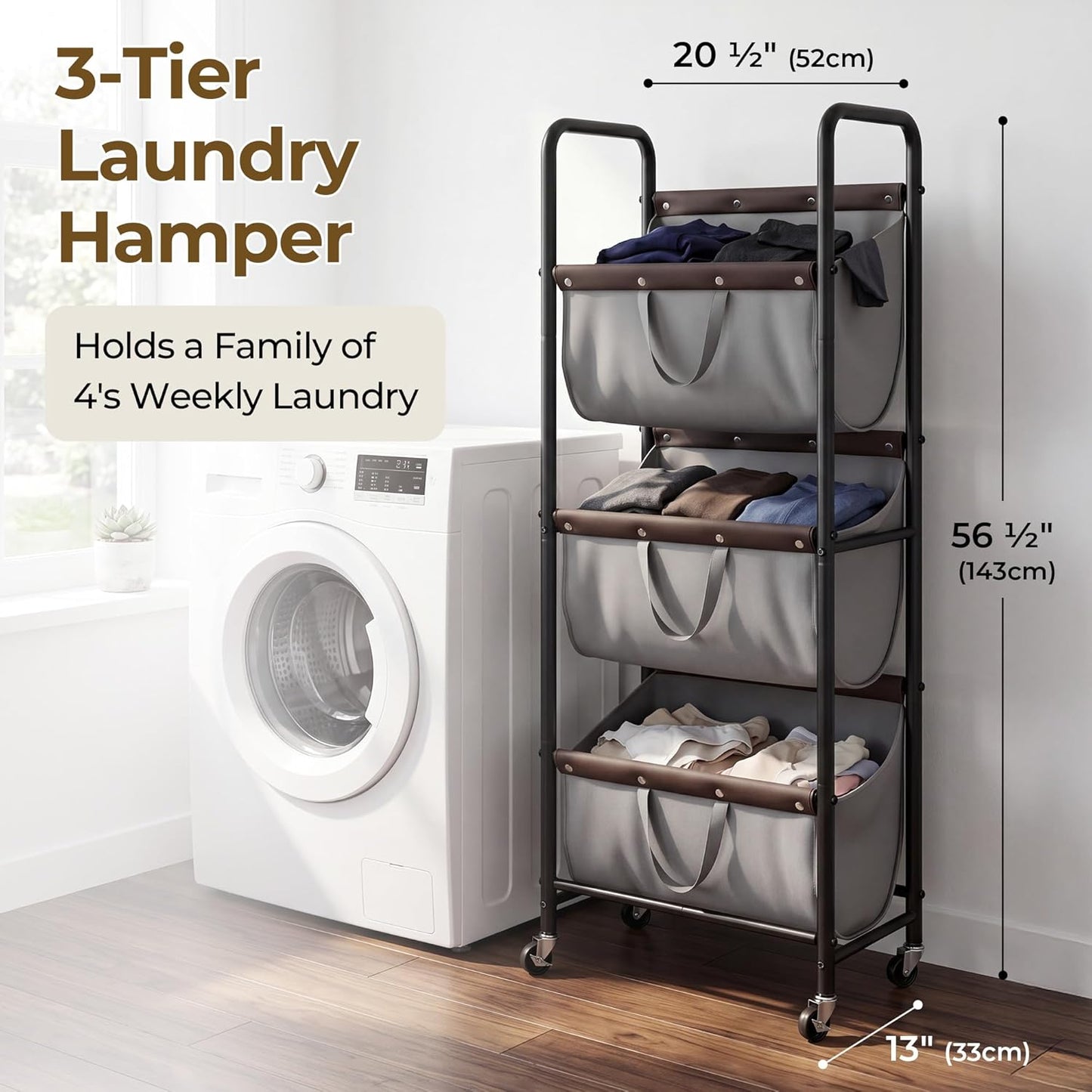 GRANNY SAYS 3 Section Tiered Laundry Sorter, Slim Vertical Laundry Hamper with Wheels, Narrow Rolling Laundry Cart with Removable Bags for Laundry Room, Bathroom, Closet, Dorm, Grey