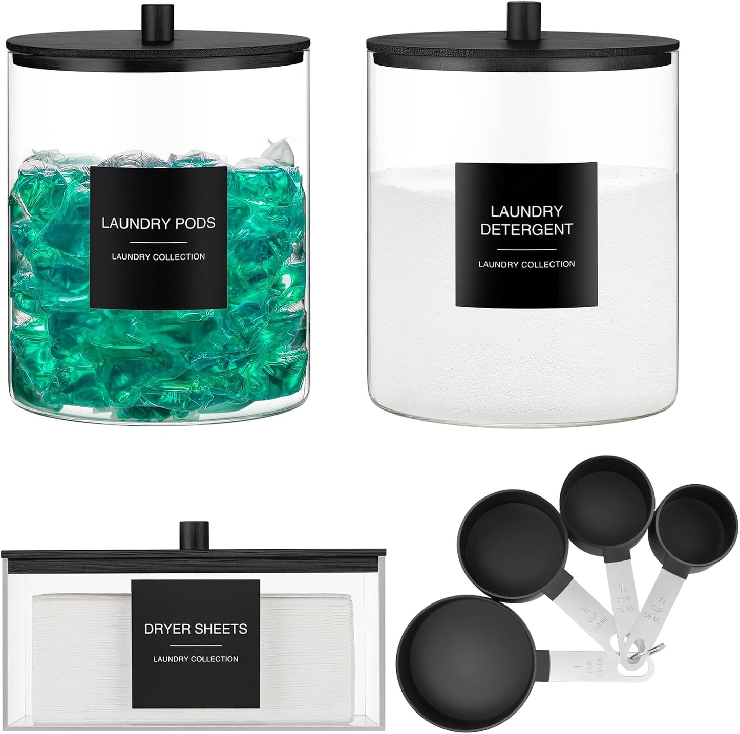 3 Pack Glass Jars and Acrylic Dryer Sheet Holder, Laundry Pods Container with Bamboo Lid and Measuring Cups for Laundry Room Organization, Powder Detergent Containers (Black)