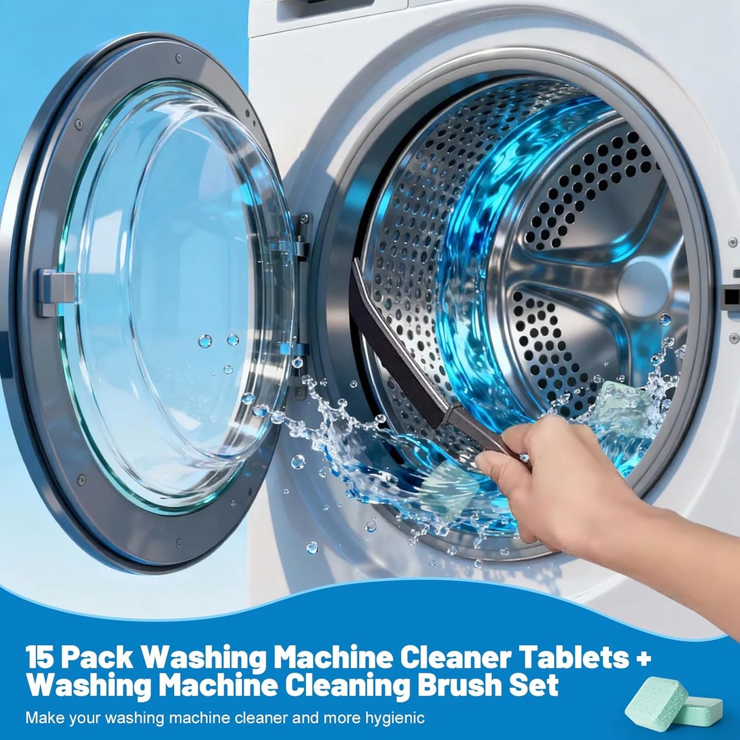 Washing Machine Cleaner, Washer Machine Cleaner Tablets 15 Pcs + Dryer Vent Cleaner Kit 12 Pack, Crevice Cleaning Brush for Bathroom, Shower & Kitchen, All-in-One Multi-Surface Scrubbing Brushes