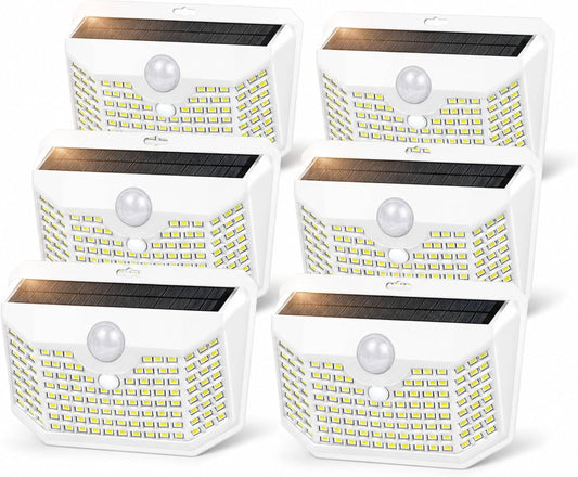 HMCITY 120 LED Solar Lights Outdoor with Motion Sensor and 3 Lighting Modes, IP65 Waterproof Wide Solar Wall Lights Ideal for Garden Patio Yard (Front Button 6Packs, White Shell-Daylight White)