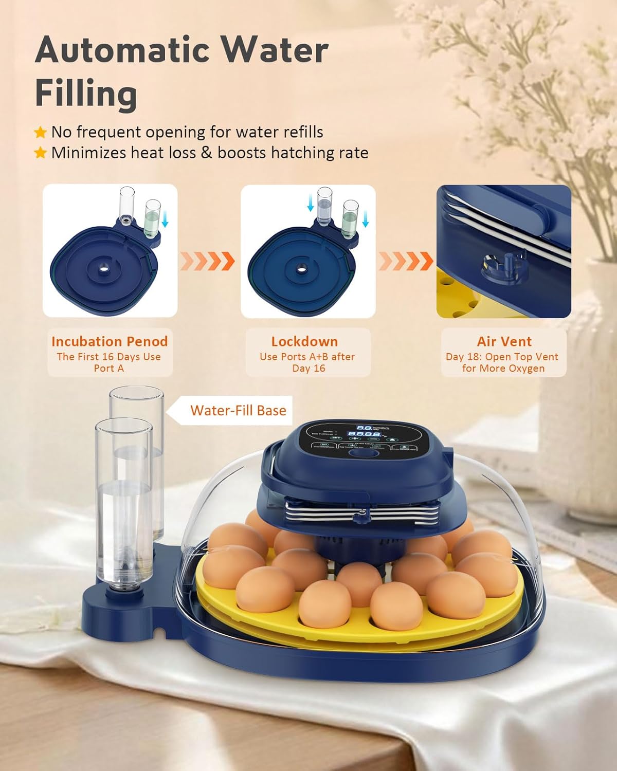 Egg Incubators for Hatching Eggs, Temperature & Humidity Control, Automatic Egg Turning for Hatch Chicken Duck Quail Pigeon Pheasant Partridge Home Classroom Lab with Water Bottle&Air Vent, 18 Eggs