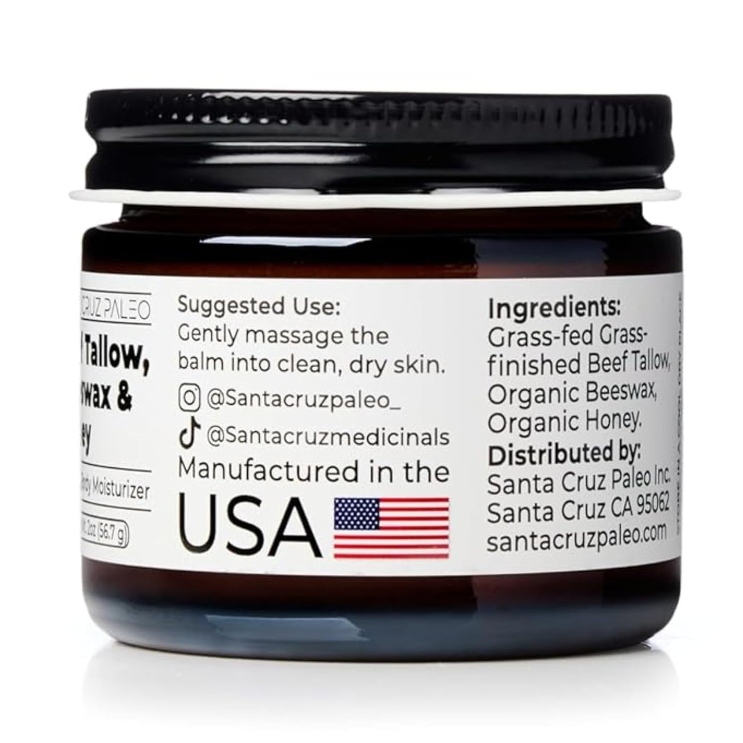 Santa Cruz Paleo, Beef Tallow, Beeswax & Honey Face Moisturizer, Organic, Unscented Grassfed Beef Tallow Skin Care, Sunscreen Free, Non Comedogenic Face & Body Moisturizer for Sensitive Skin, 2 Oz