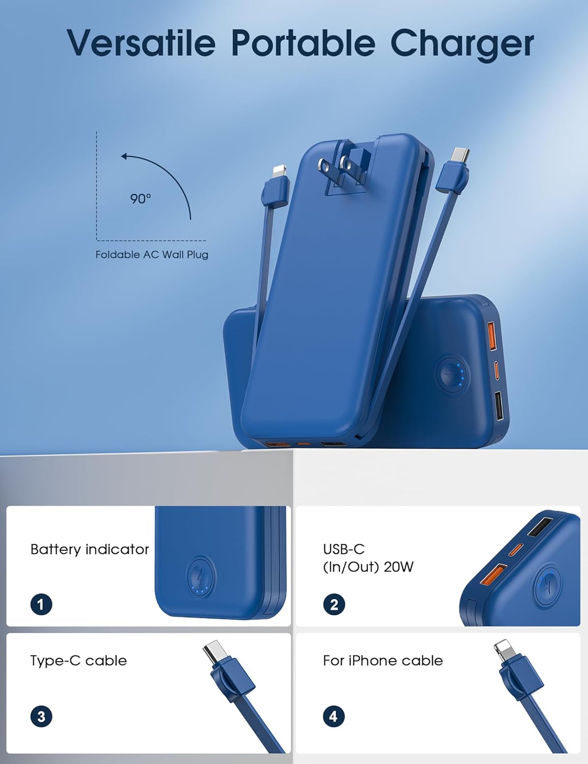 Nusyddy Portable Charger, 10000mAh PD20W Fast Charging Power Bank with Built-in Cables & Wall Plug, Travel Essentials External Battery Pack, USB C Battery Phone Charger for iPhone, iPad, Samsung Navy