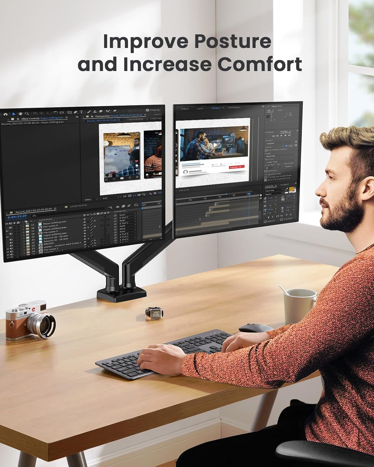 ErGear Dual Monitor Stand up to 33 inches Screen, Load-Bearing Max 22 lbs Each Arm, Adjustable Dual Monitor Mount, Sturdy Steel vesa Monitor Mount with Stable VESA 75x75 100x100mm