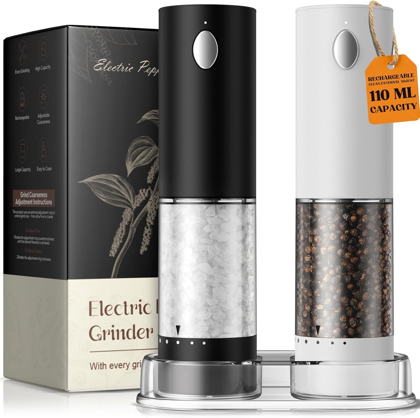 Electric Salt and Pepper Grinder Set, Battery Automatic Salt and Pepper Shaker with Adjustable Coarseness, Large Capacity Pepper Mill with LED Kitchen Appliances(Battery-Stainless Steel)