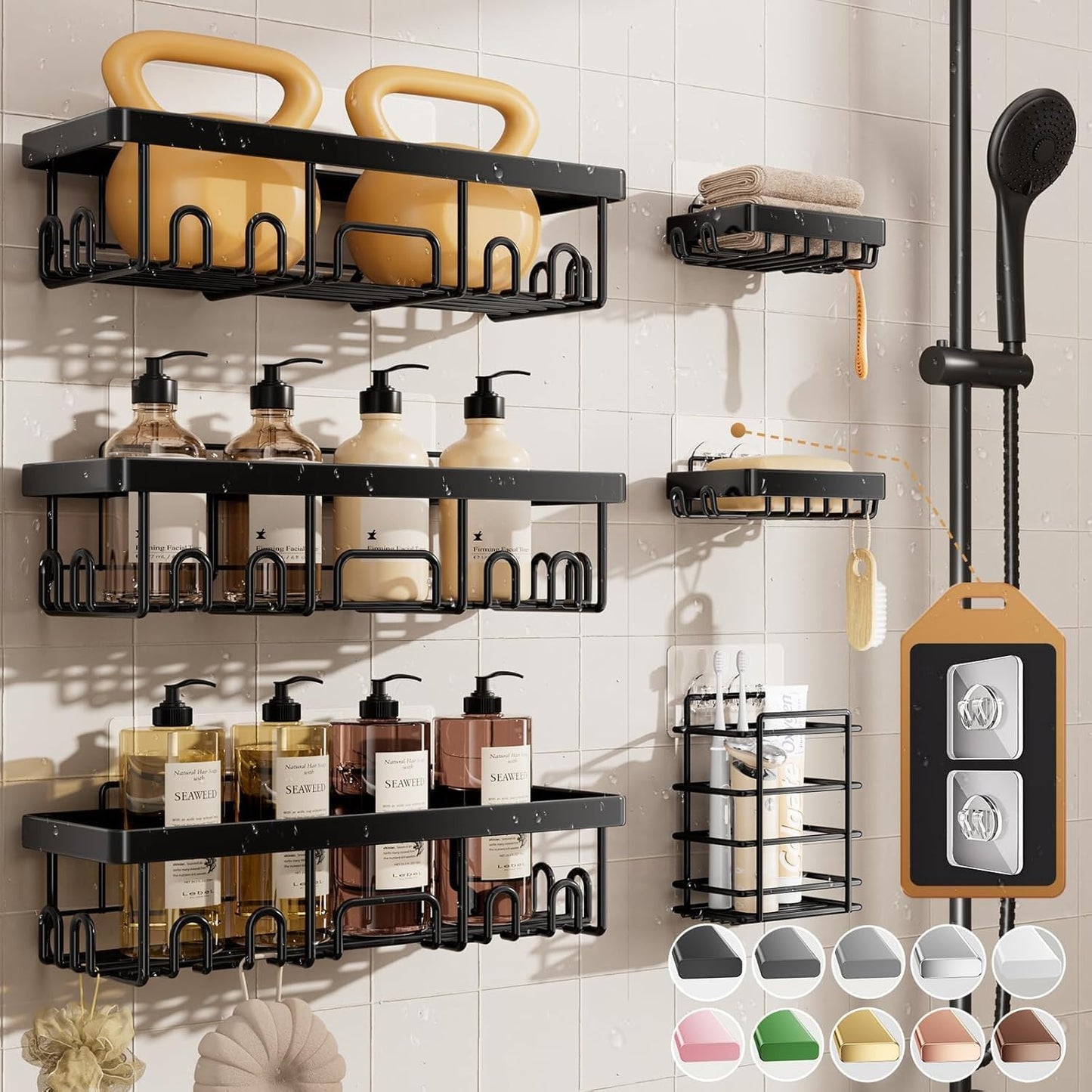 Veken Shower Caddy 3-Pack, Advanced Rustproof Design, No Drilling Adhesive Shelves, Rack with Soap Holder, Large Capacity Bathroom Organizers and Storage, Wall-Mounted Kitchen & Home Decor