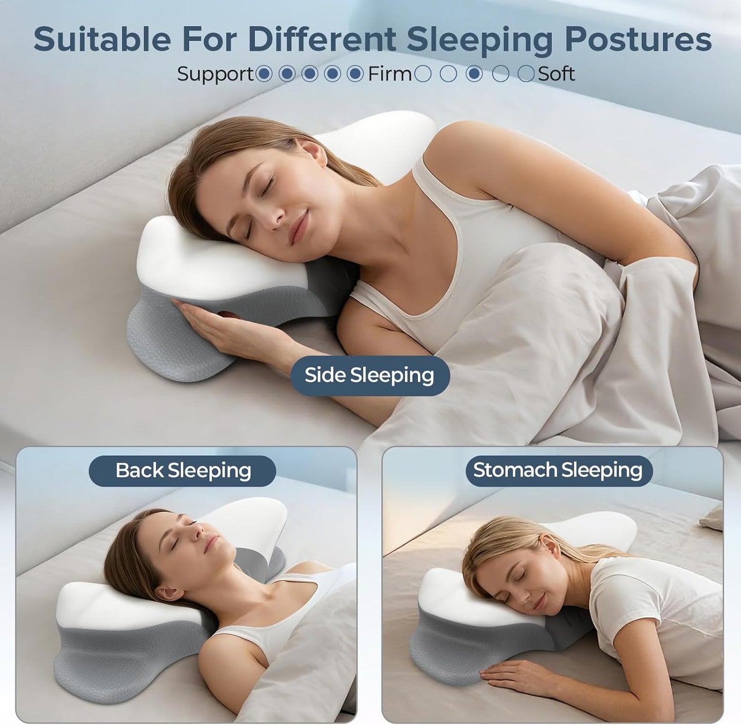 beslovo Cervical Neck Pillow for Pain Relief, Ergonomic Side Sleeper Pillow, Orthopedic Neck Support Contour Memory Foam Pillow for Side Back Stomach Sleepers, Ideal for Office Travel (Grey&White)