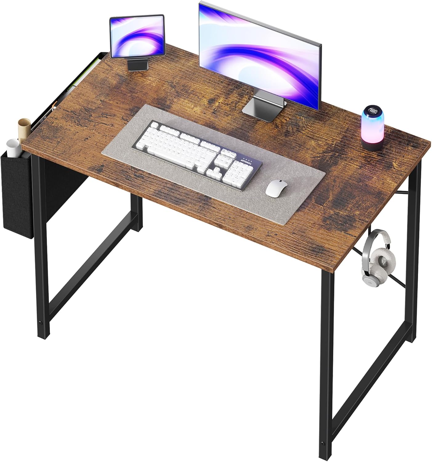 OLIXIS Computer Desk 40 Inch Home Office Desks for Small Spaces, Gaming Writing Study Work Table with Storage Bag and Headphone Hook for Bedroom, Rustic Brown