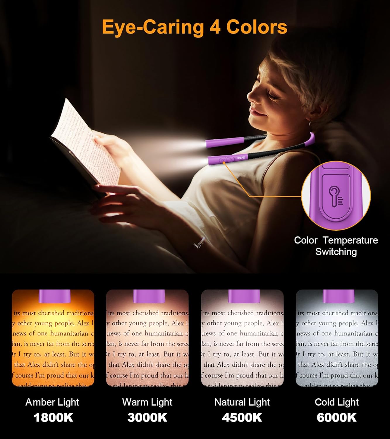 Gritin Book Light, Eye Caring 4-Color & 5-Brightness Neck Light Reading Light- Stepless Dimming,30-min Timer,80+ Hrs Runtime,Bendable Round Neck Design, Lightweight for Reading-Dark Purple