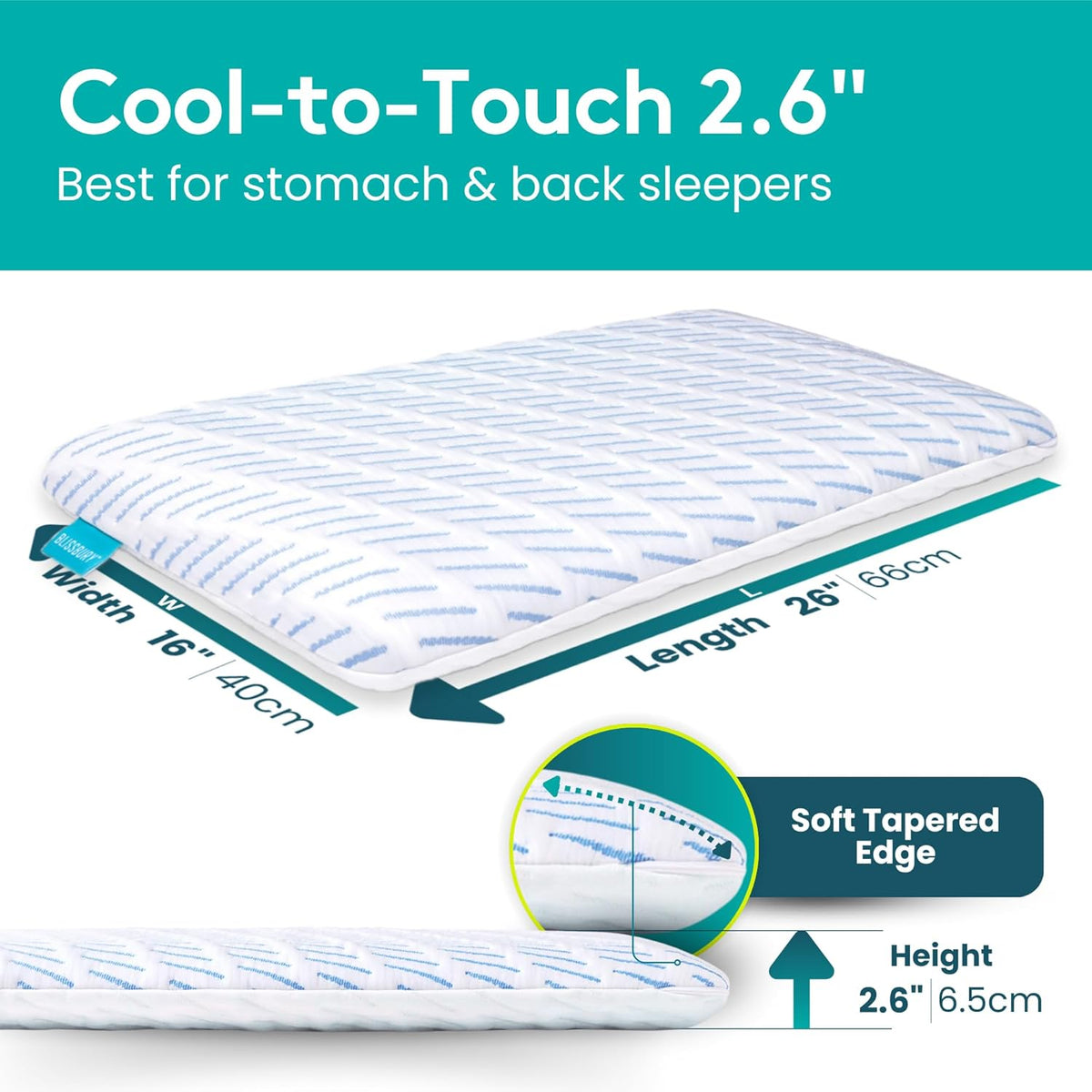 BLISSBURY Cooling Memory Foam Pillow, 2.6 Inch Thin, for Stomach & Back Sleeper, Queen Size, Removable Cool-Tech Cover, CertiPUR-US Certified