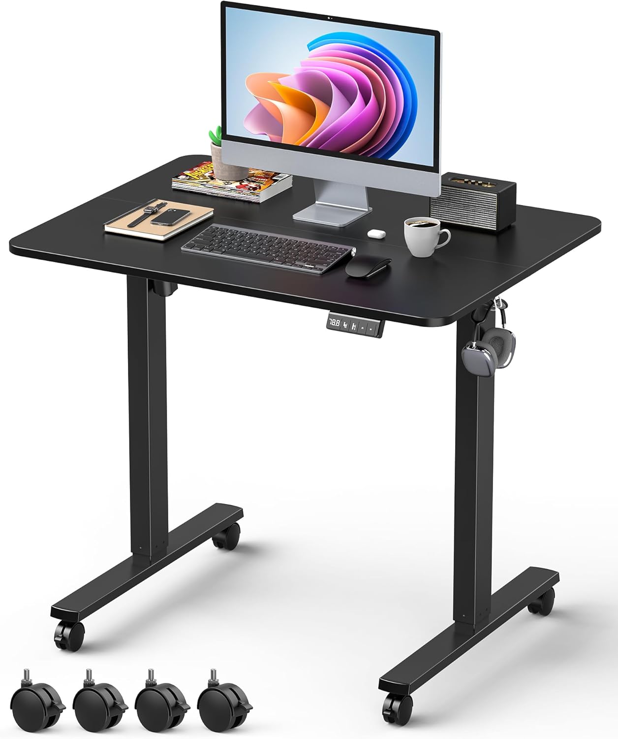 32" Small Electric Rolling Standing Desk Adjustable Height, Mobile Sit Stand up Desk with Lockable Casters for Home Office & Computer Workstation, Splice Board, 2 Hooks, Black Frame/Black Top