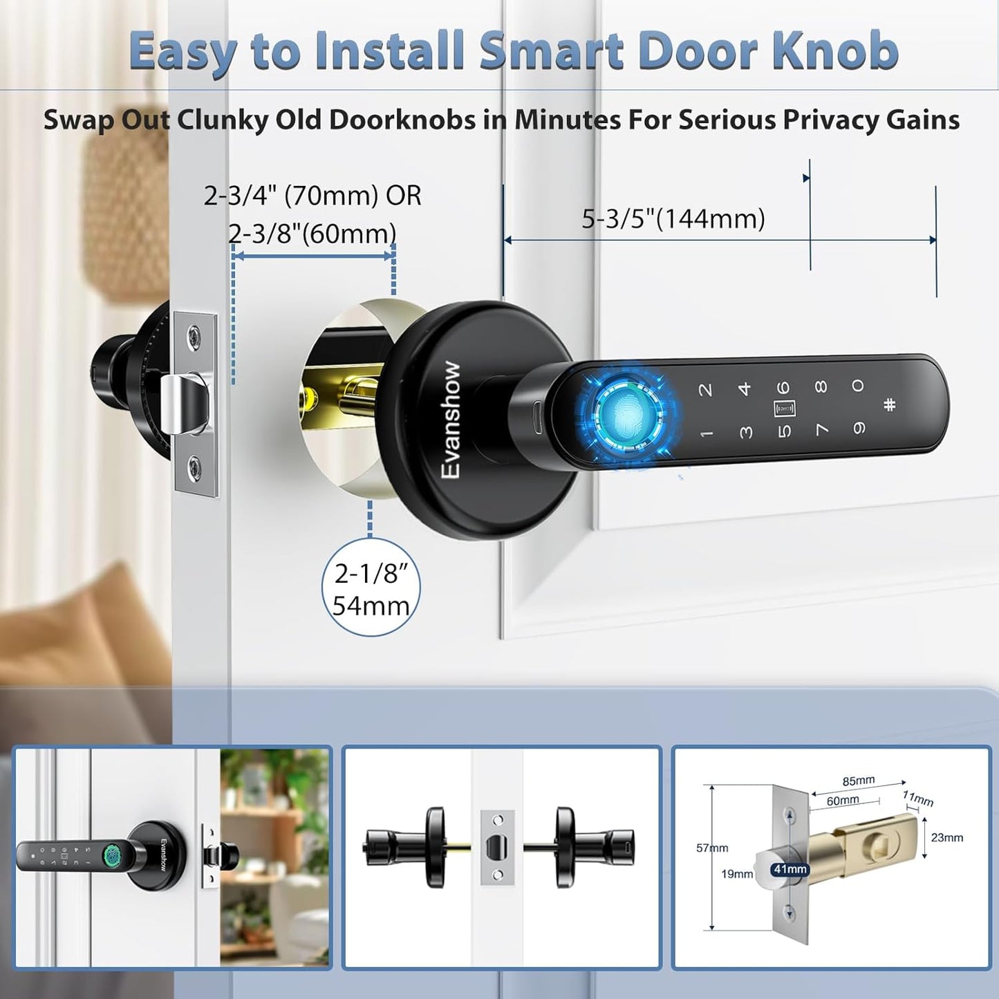 Fingerprint Door Lock Biometric Door Knob with Keypad Keyless Entry, 5-in-1 Door Locks for Bedrooms(Fingerprint/App/Code/Key/IC Card), Home Hotel Office Apartment Black