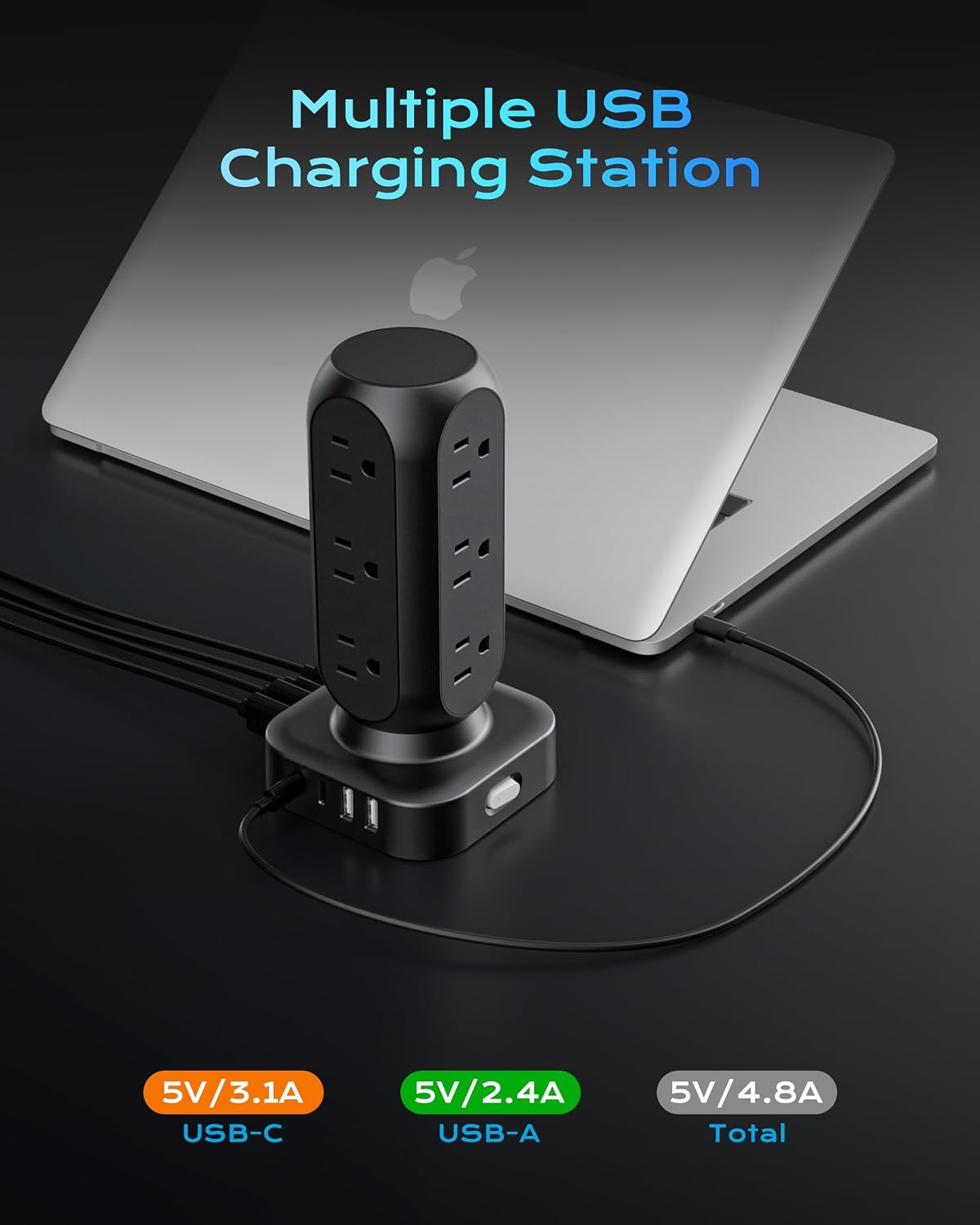 TenTrend Power Strip Tower, 4.8A Fast Charging Tower, 10 FT Extension Cord | 12 AC Outlets & 8 USB Ports (4USB-C), Flat Plug Charging Station for Home, Office, Dorm Room