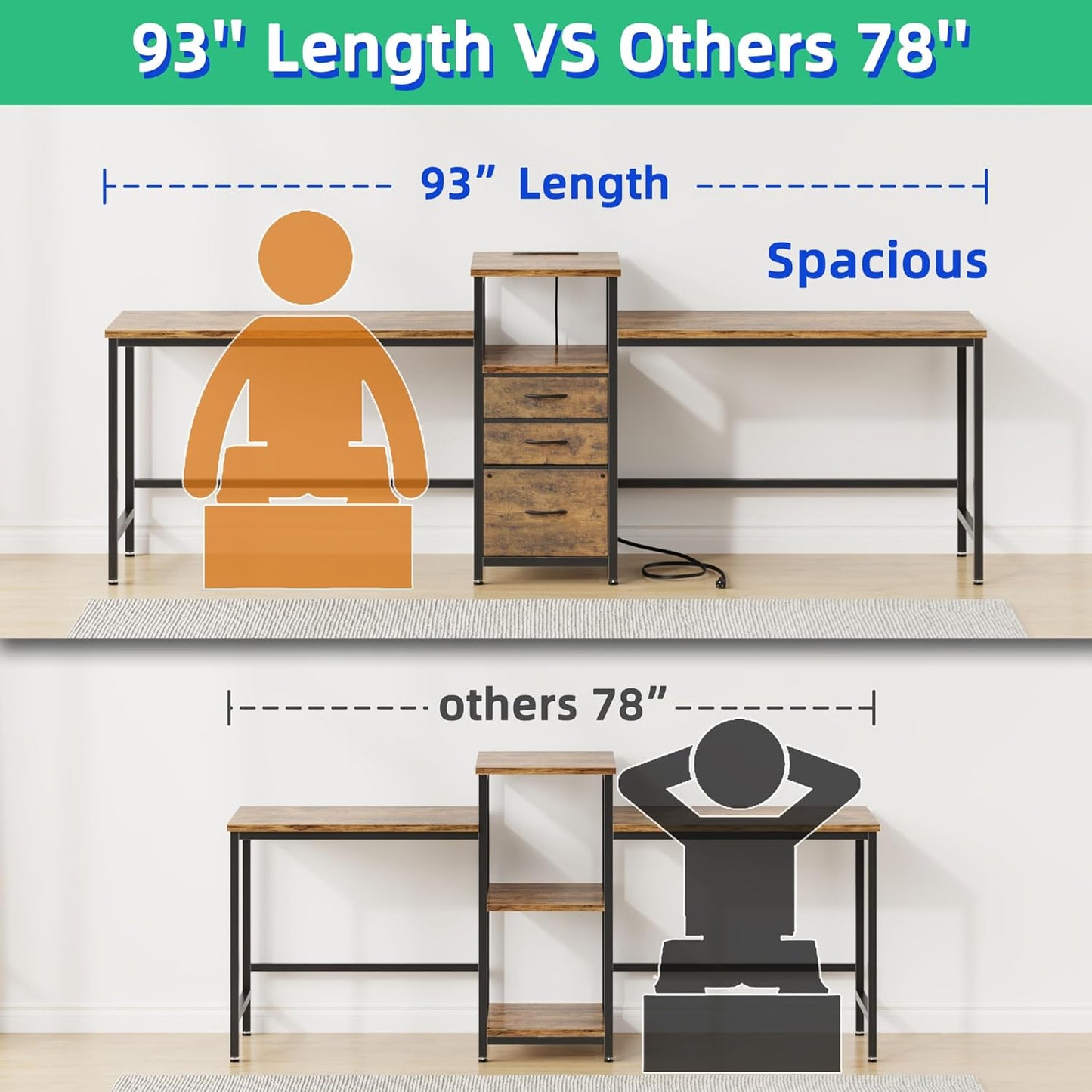 GYIIYUO 93'' Two Person Desk with Charging Station, Long Desk with 3 Drawers and Printer Shelf, Double Computer Desk, 2 Person Writing Study Table Workstation for Home Office, Rustic Brown
