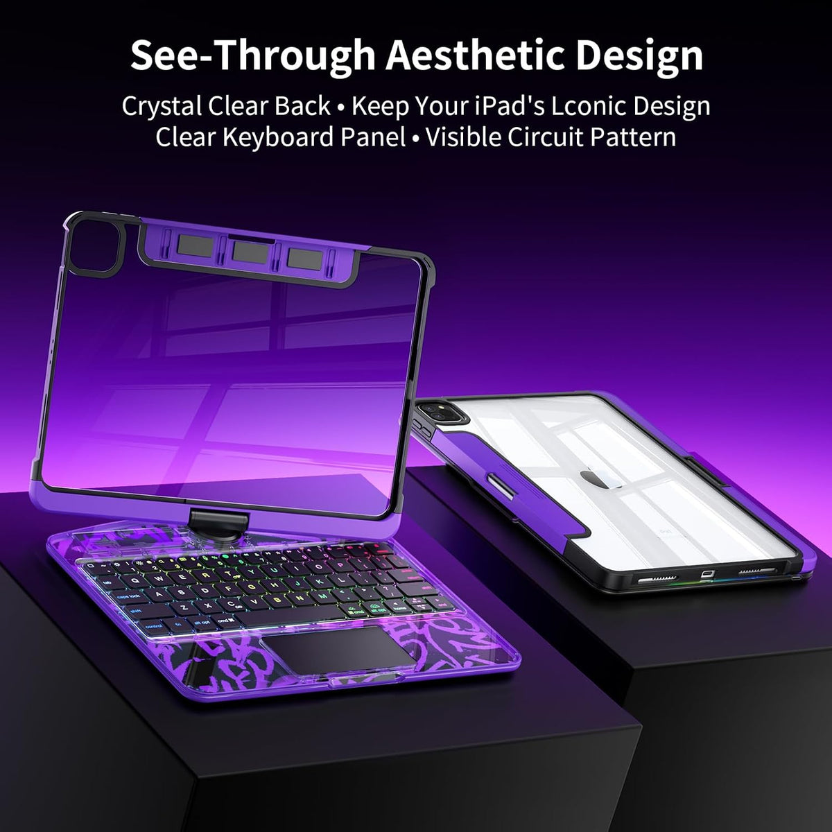Clear Keyboard Case for iPad Pro 11 Inch with 360° Rotation, Purple