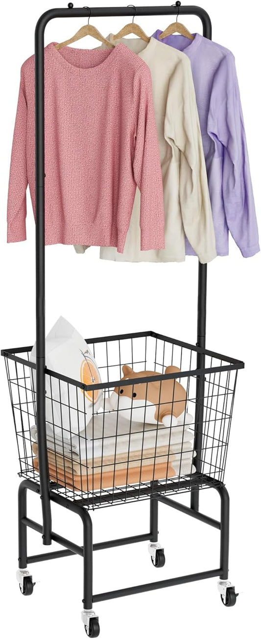 Rolling Laundry Cart with Wheels, Extra Large Laundry Hamper Basket Organizer with Clothes Hanging Rack, Wire Storage Cloth Shelf Butler, Black
