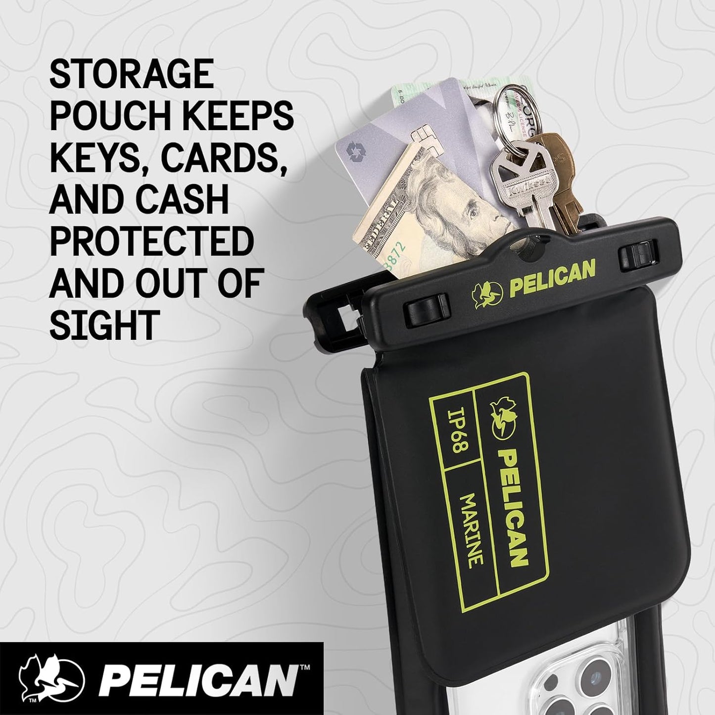 Pelican Marine - IP68 Waterproof Phone Pouch w/Storage Pocket (Large) - Floating Waterproof Phone Case - Beach Cruise Travel Essentials - Fits All Phones - Detachable Lanyard - Black/Hi-Vis Yellow