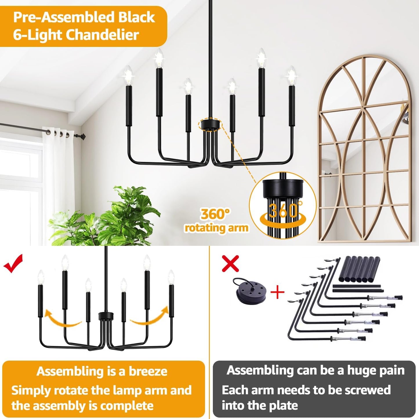 Black Chandelier, 6-Light Farmhouse Chandelier for Dining Room Lighting Fixtures Hanging, Industrial Modern Chandelier for Bedroom, Foyer, Hall, Kitchen, Living Room, Entryway (No Assembly Required)