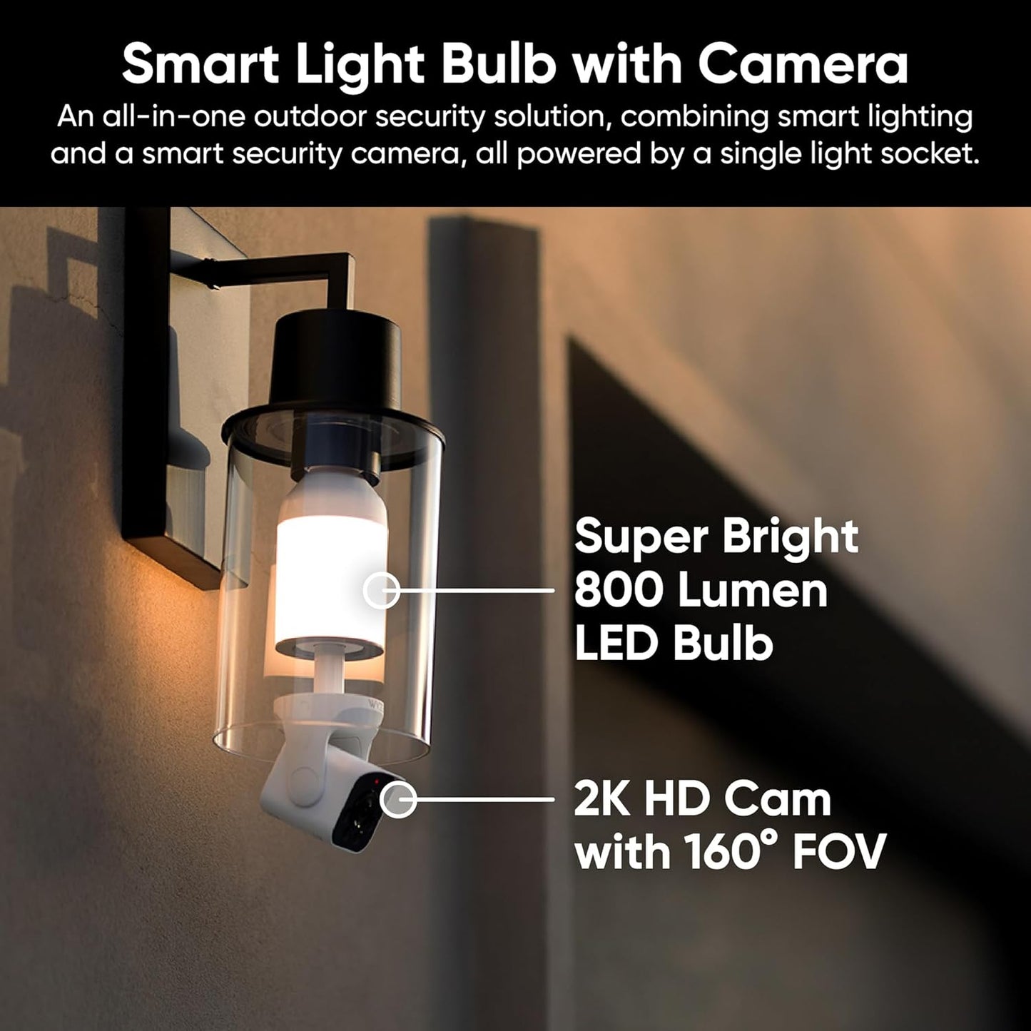 WYZE Bulb Cam - 2K HD Smart Light Bulb Security Camera with Color Night Vision, 800-Lumen Dimmable LED, 160° Wide View, Motion Detection & Siren, E26 Socket, Alexa/Google/IFTTT