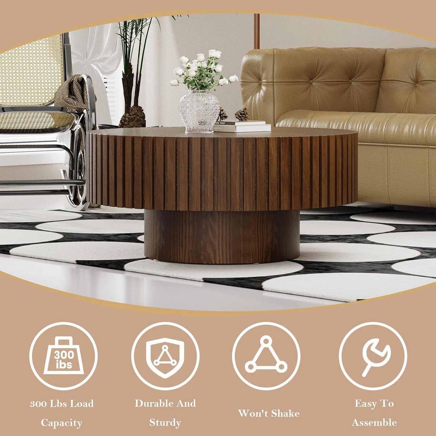 31.5" Round Drum Fluted Coffee Table (H) | Mid-Century Modern, Easy Assembly, Sturdy Pedestal, Center Tables for Apartment Living Room