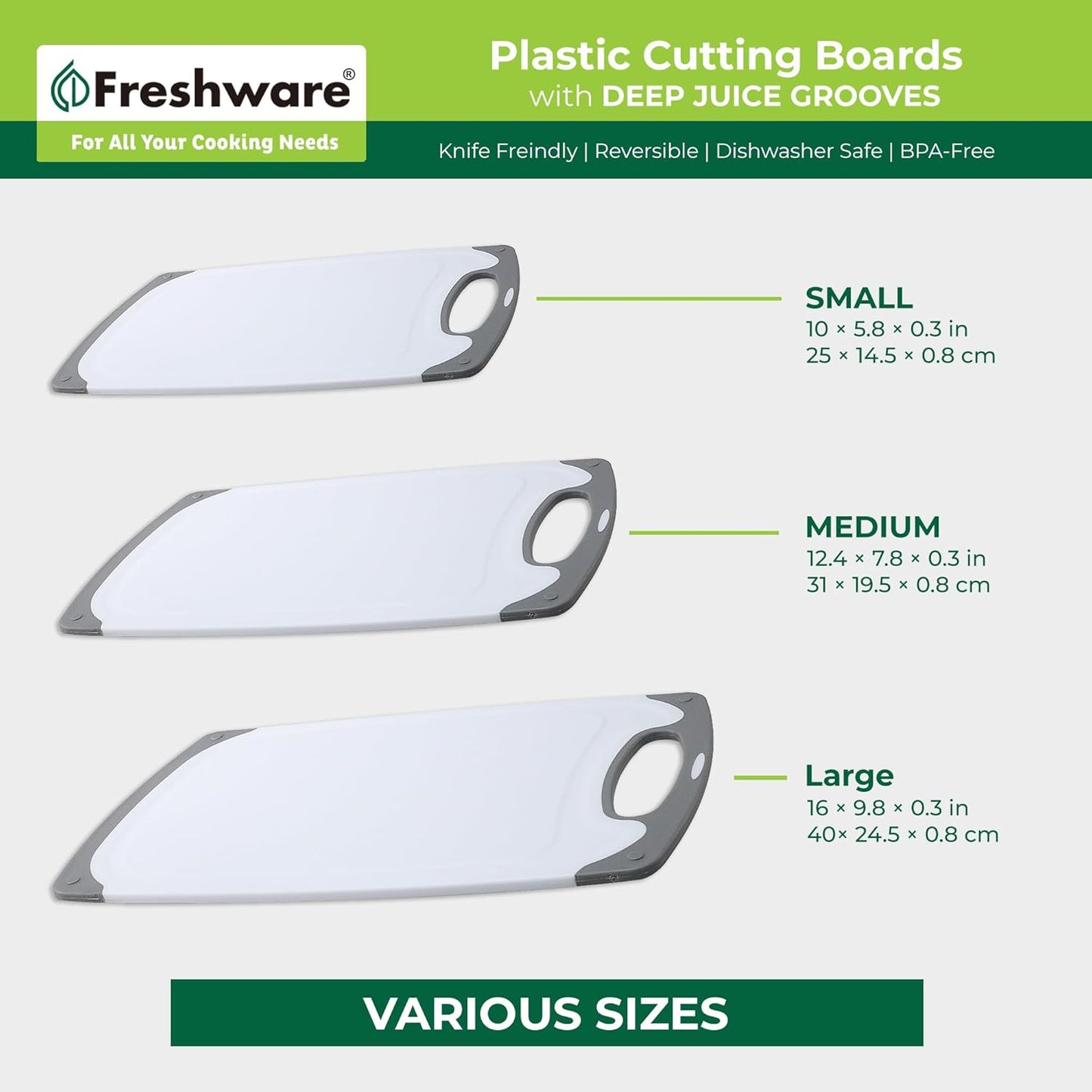 Freshware Cutting Boards for Kitchen, Chopping Board 3-Pack with Different Sizes, Juice Grooves and Non Slip Handles - Reversible, Large Cutting Board Set - Dishwasher Safe - Gray