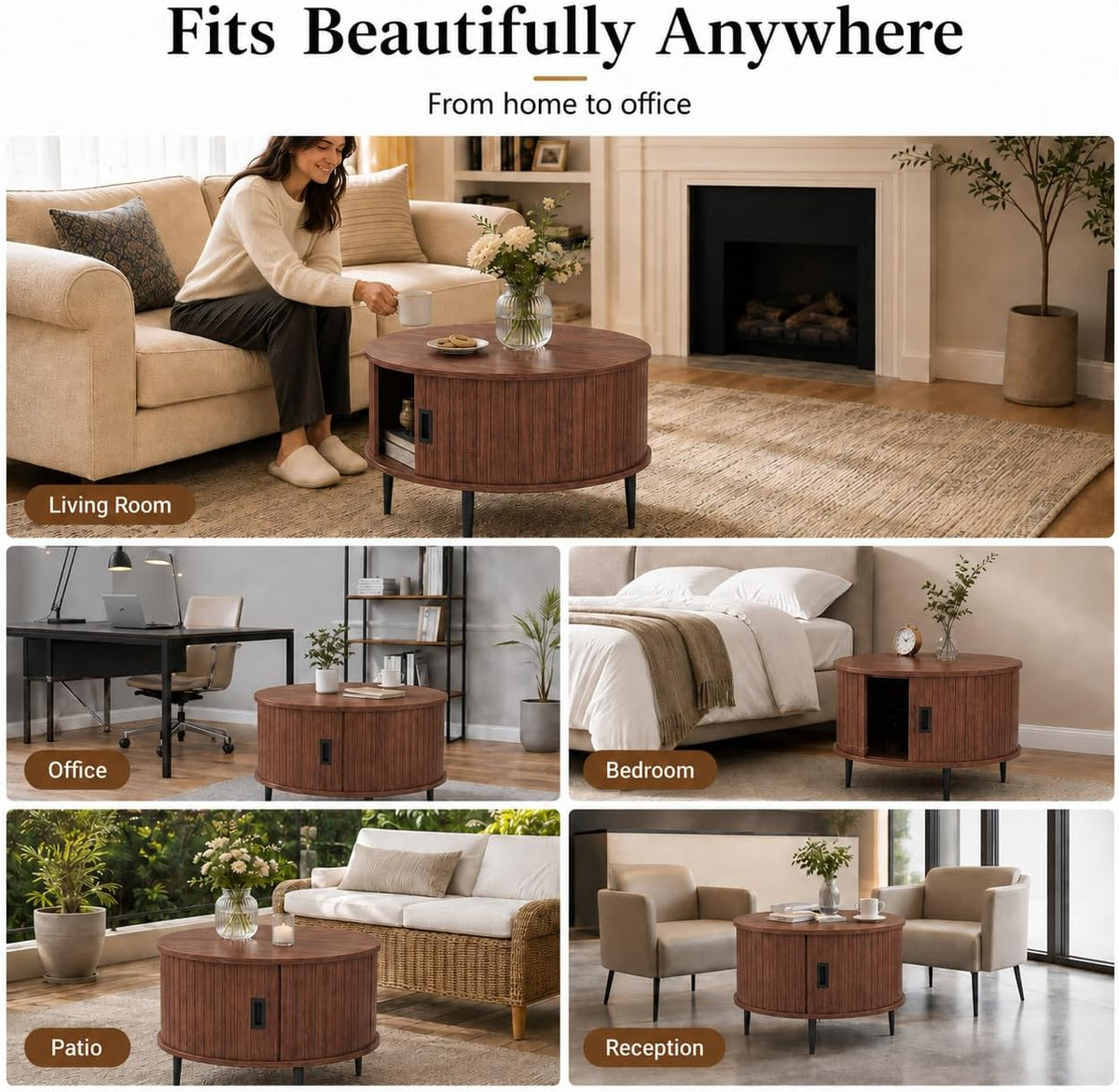 ARTPOWER 31.5" Round Coffee Table with Storage Mid Century Brown Walnut