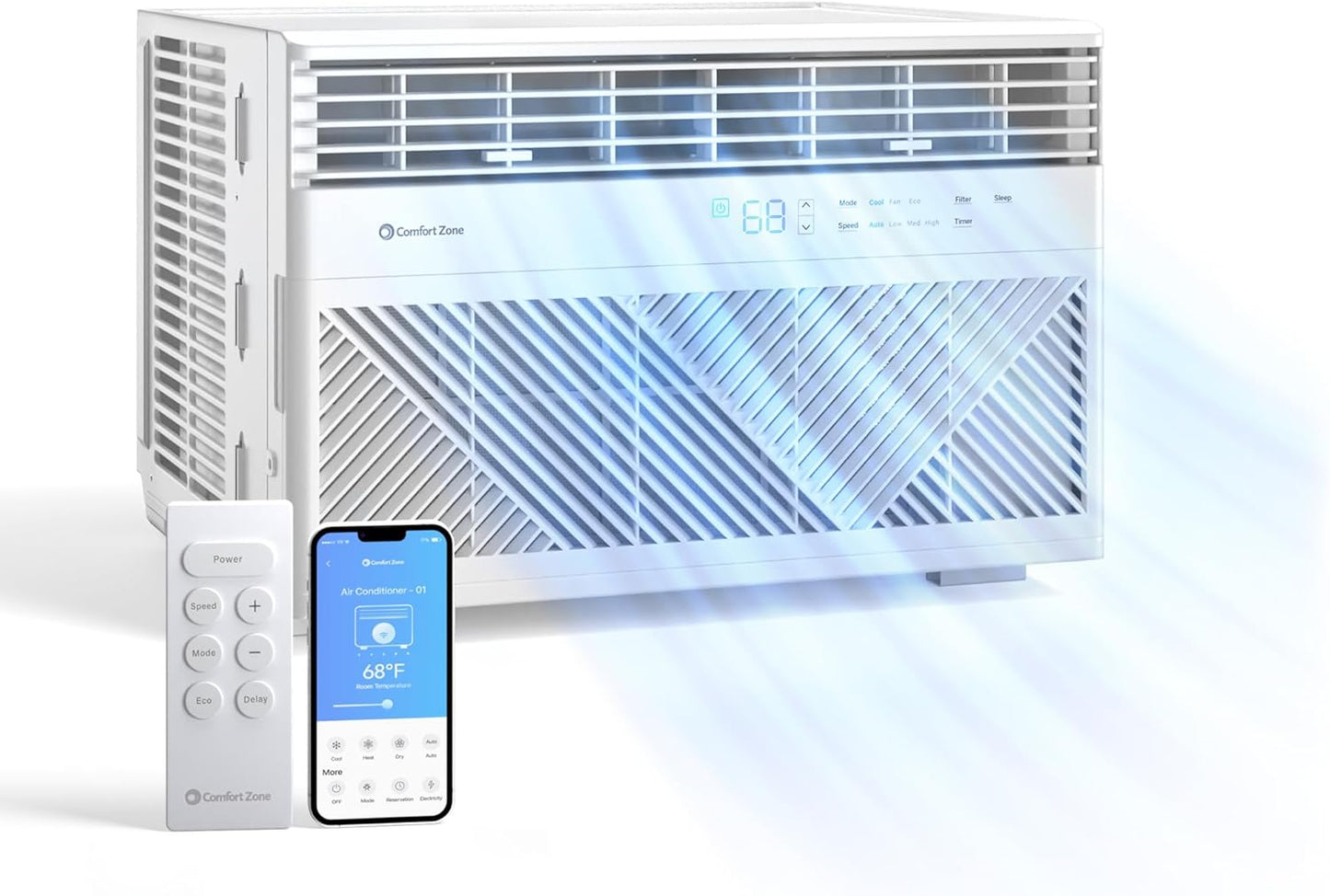 Comfort Zone Window Mounted Smart Wi-Fi Room Air Conditioner with Remote Control, 8,000 BTU, Digital Display, 4 Speed Settings, 4 Mode Settings, 24-Hour Timer, Sleep Setting, and Eco Mode, CZ12758