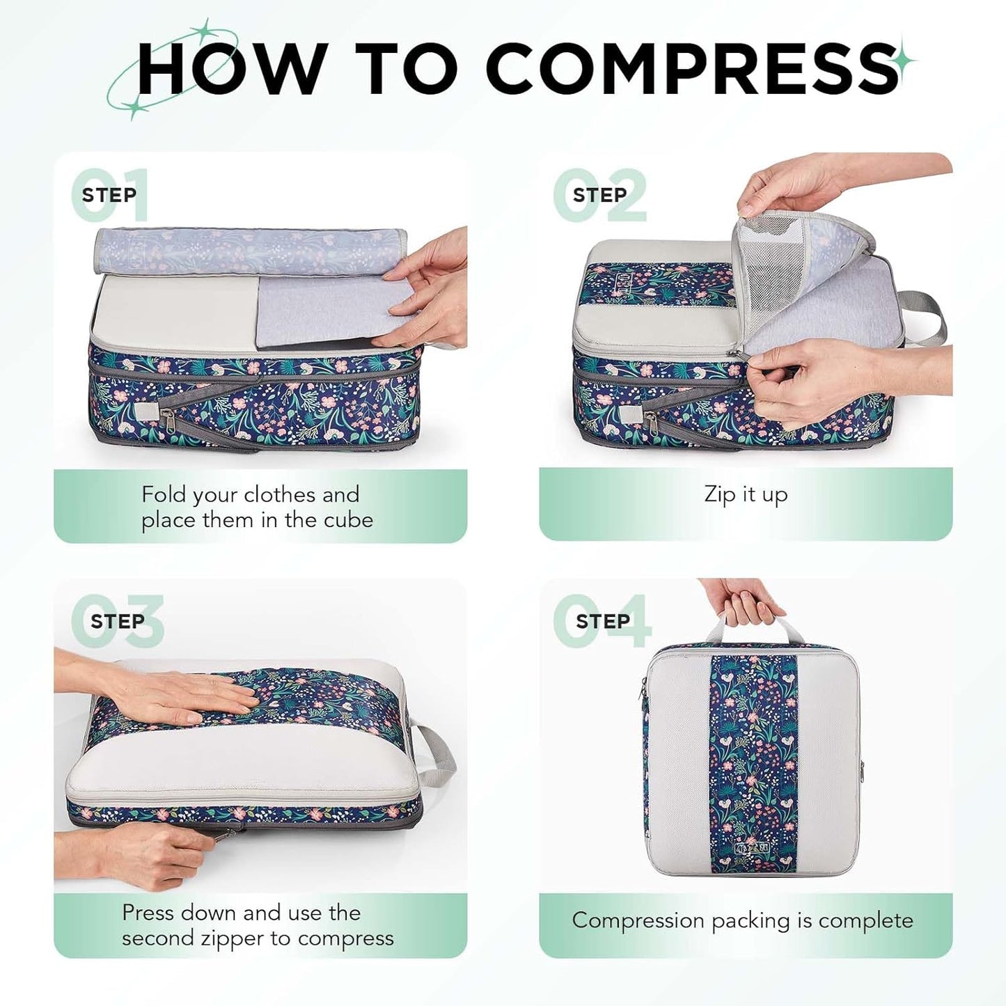 6 Set Compression Packing Cubes for Travel Essentials,Compressible Expandable Packing Cubes for Suitcase,OlarHike Luggage Garment Bags for Travel,Handy Helper for Organizing Clothes(Dark Blue Floral)