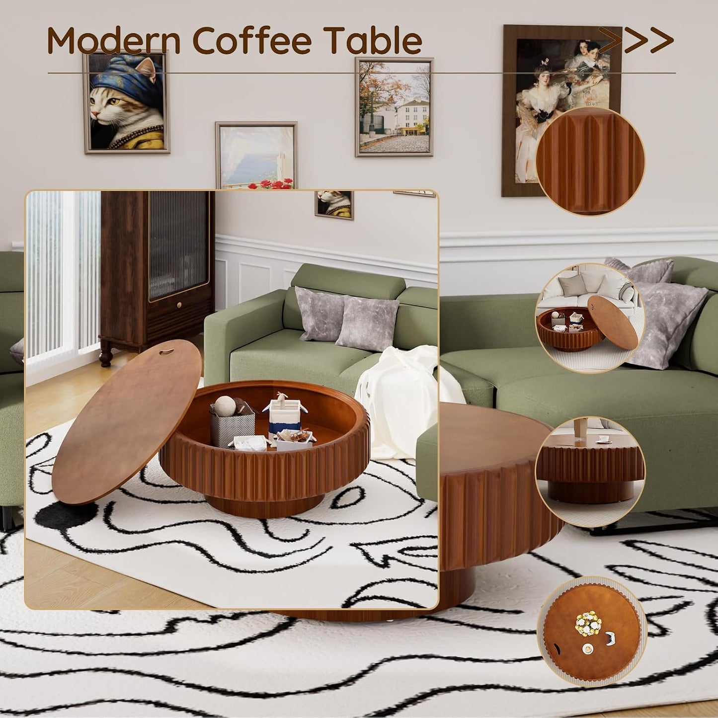 31.5'' Round Coffee Table with Storage for Living Room, Modern Circle Drum Fluted Coffee Table with Wood Veneered Circle Center Tables for Small Space Apartment (A31.5IN)
