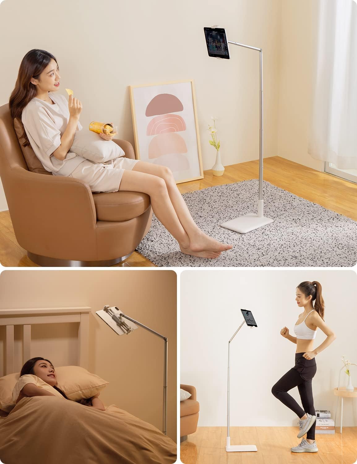 Viozon Tablet Floor Stand-Flexible Long Arm Tablet&Phone Holder,360° Angle Adjustable,Aluminum Alloy,Bedside,Sofaside,Desk,Compatible with 3.5-11 inches iPad,Kindle, iPhone 16 15 Plus/Pro Max -White
