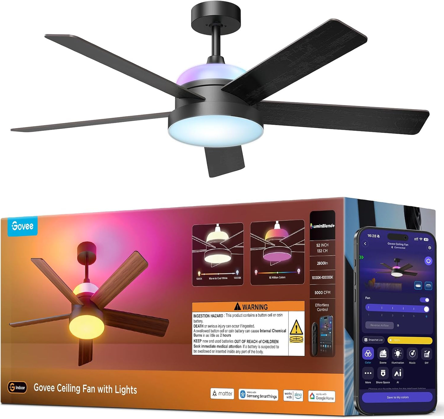 Govee Ceiling Fan with Lights, RGBIC Smart 52'' Low Profile Ceiling Fan with Lights and Remote, Reversible DC Motor, Dimmable, 2800lm, Ceiling Fan for Bedroom, Living Room, Black