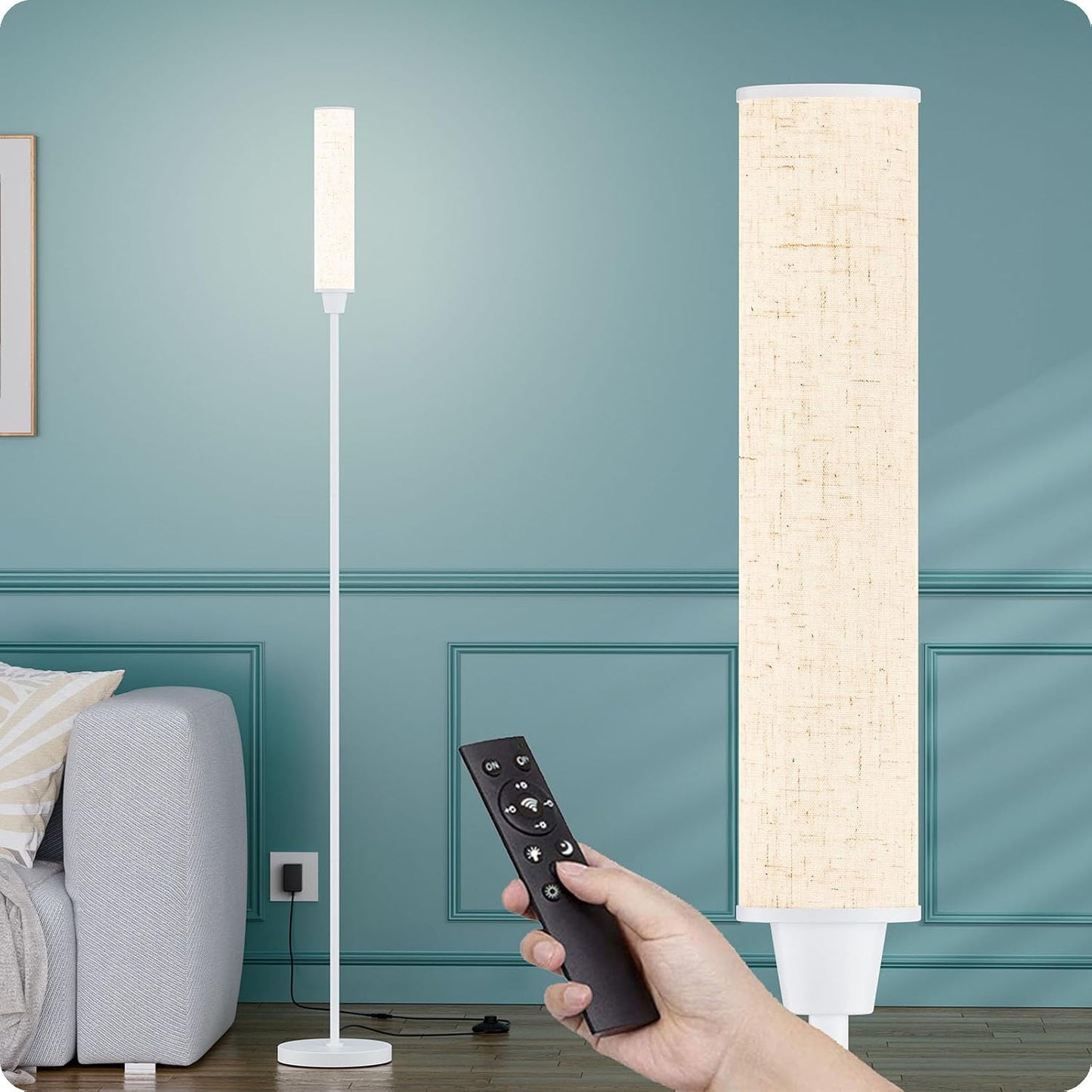 Nukanu Floor Lamp with Remote Control,Bright Floor Lamps for Living Room/Bedroom/Office, Stepless Adjustable 3000K-6000K Colors and 10-100% Brightness,Standing Light with Foot Switch (White)