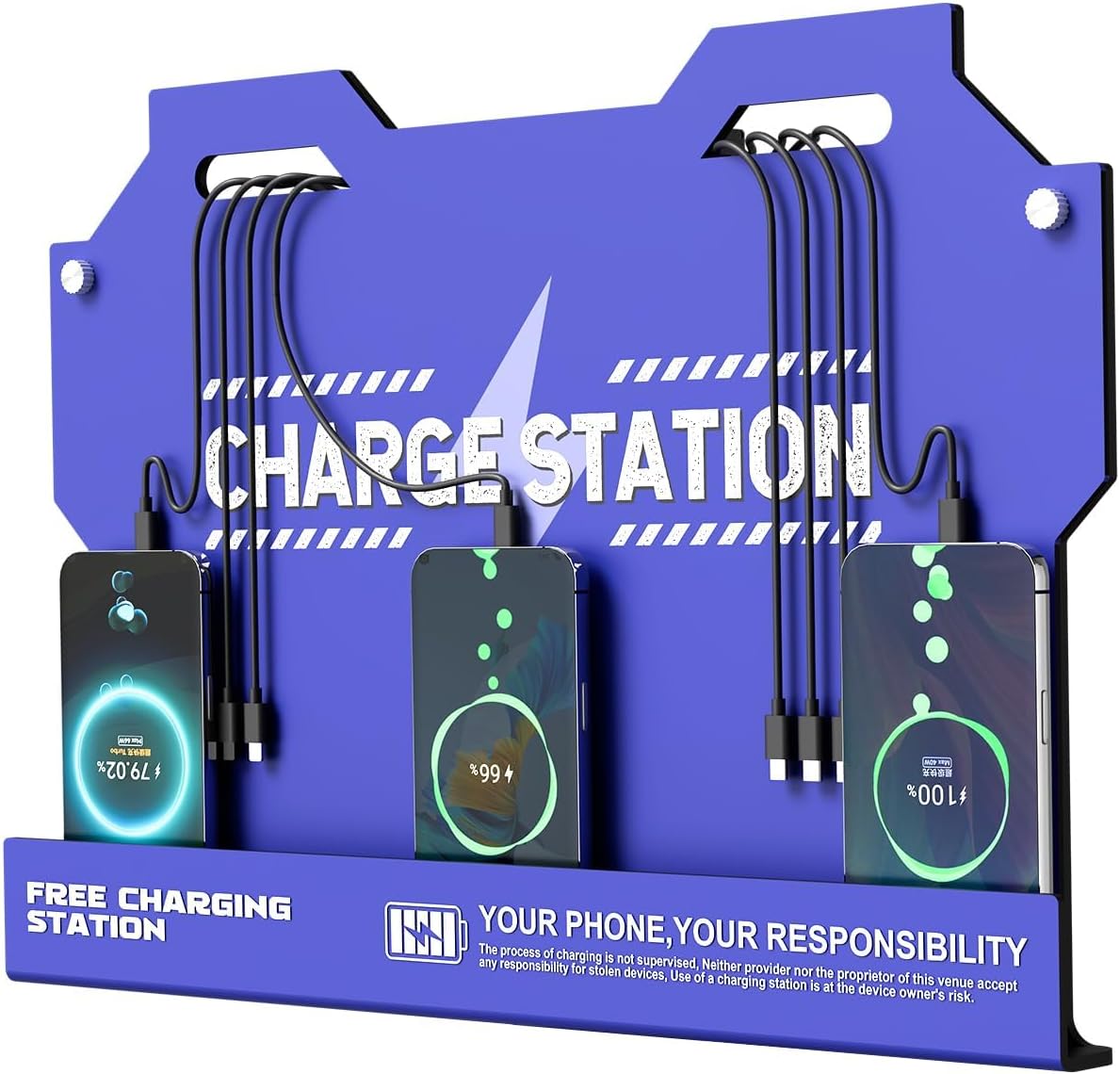 Mechanical Type Wall Mounted Charging Station with 8 PortHigh Speed Cables - Universal Dock for Apple, Type-C & Android Devices, Perfect for Airports, Hotels, Offices, School (Blue)