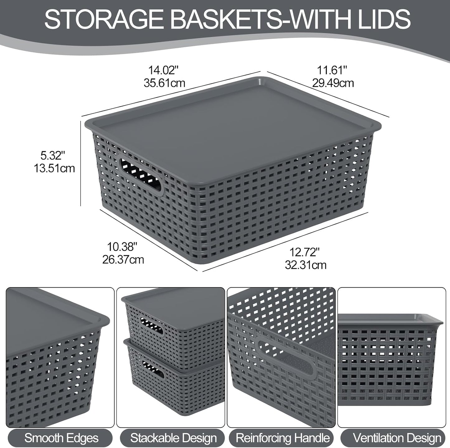 Zopnny Stackable Baskets with Lids, 6-Pack Storage Containers Bin