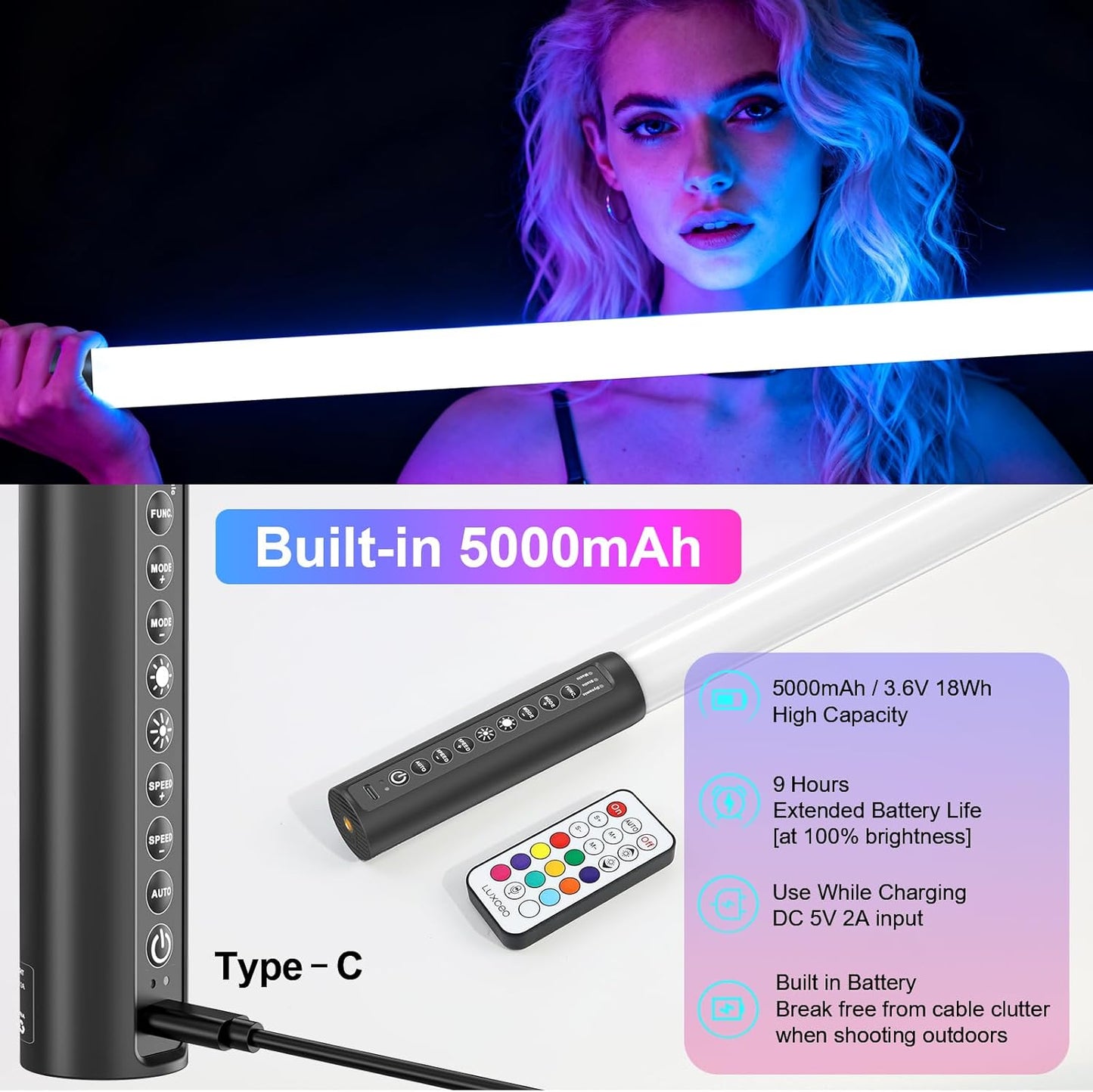 LUXCEO 2Pack 90cm RGB Tube Light Bar (3Ft) with Light Stand, 2.4G Remote Control, 5000 mAh Battery Powered LED Video Light Wand Stick for DJ Lighting, Dance Club and Photography Lighting