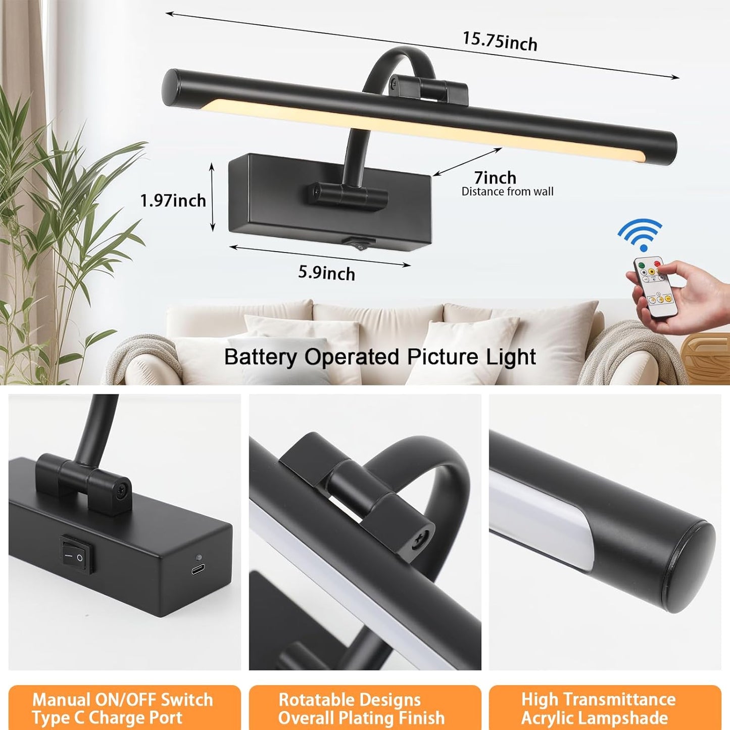 Tassuowell Wireless Battery Operated Picture Light,Rechargeable Wall Light with Remote and Timer,15.75 Inch Black Dimmable Painting Light,3CCT with Adjustable Swing Arm for Display Gallery Lighting
