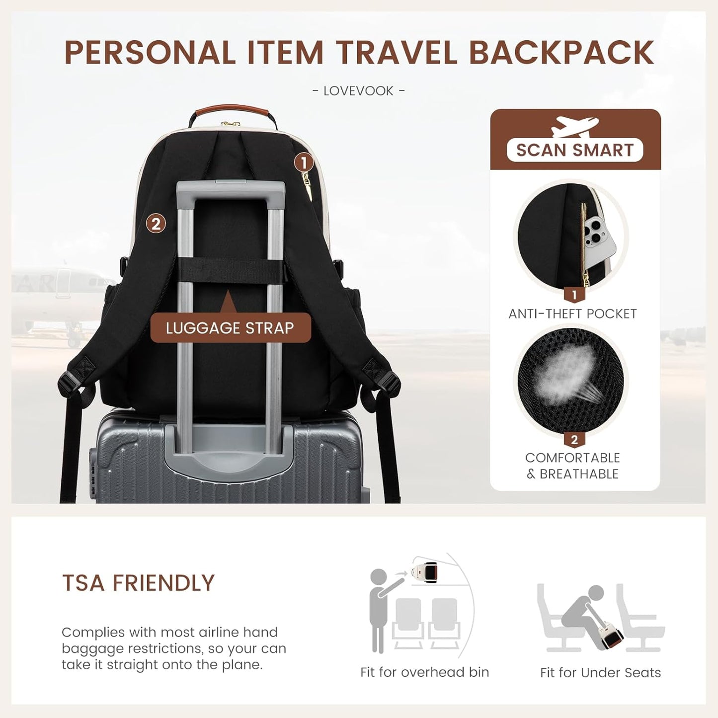 LOVEVOOK Laptop Backpack for Women with Pouch Pocket for Large Capacity Cup,15.6 Inch Teacher Nurse College Work Travel Backpack Purse,Waterproof Laptop Computer Bags,Beige-Black-Brown+Diamond-shaped