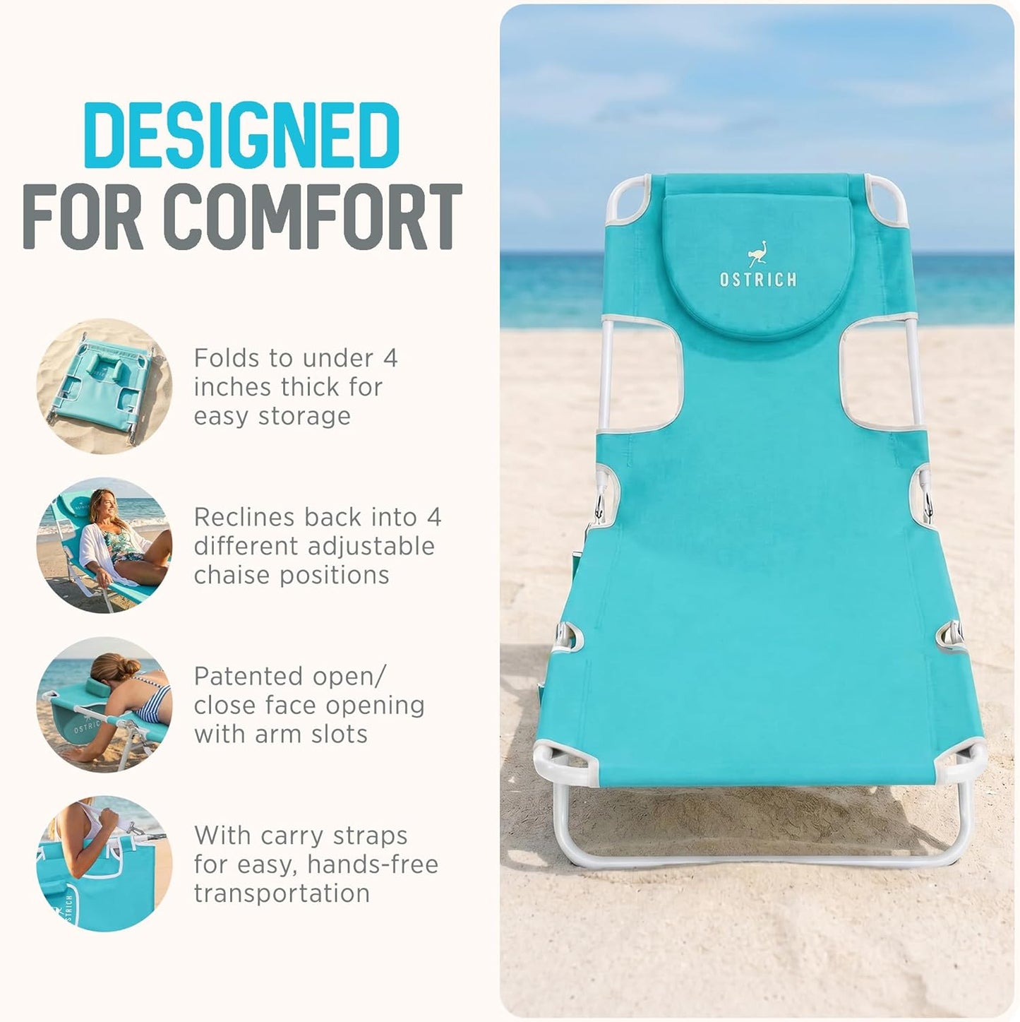 Ostrich the Original Chaise 72 x 22 Inch Lounge Portable Reclining Lounger, Outdoor Patio, Beach, Lawn, Camping, or Pool Tanning Chair, Aqua