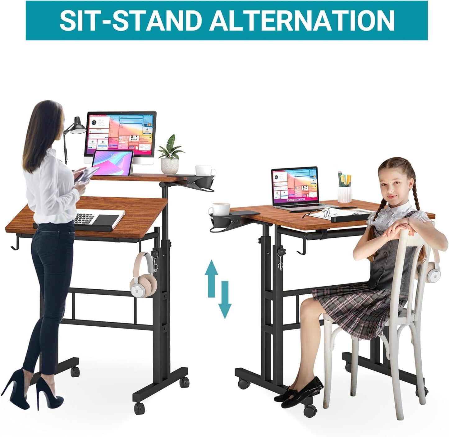 Klvied Stand Up Desk on Wheels, Portable Computer Desk for Home Office,Rolling Desk for Laptop with Removable Cup Holder, Adjustable Laptop Cart for Standing or Sitting,Walnut