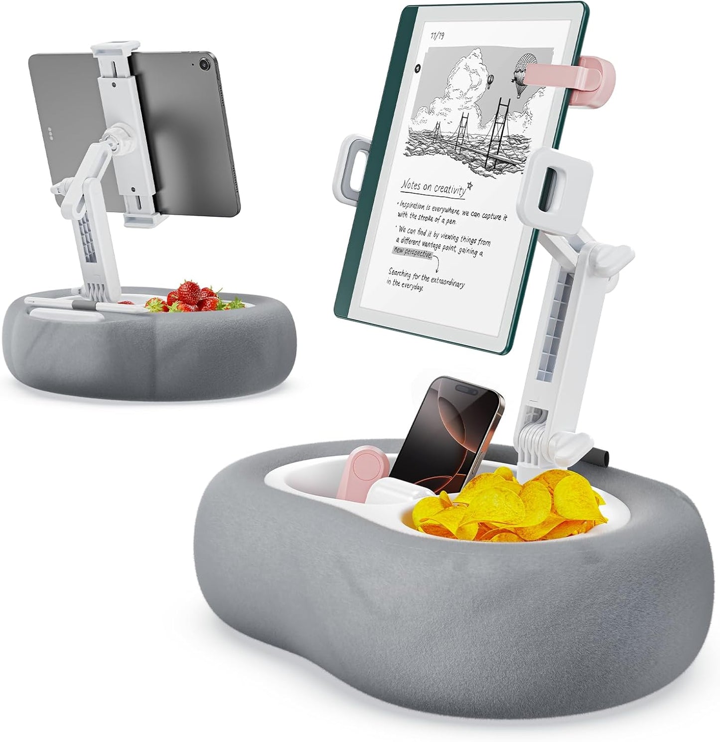 TAZENI Tablet Kindle Pillow Stand Holder with 2 Trays Fit 4''-13'' Phone/Tablet/Kindle iPad Holder Stand for Bed with Soft Plus Fabric Reading Accessories Gift for Reading, Gray