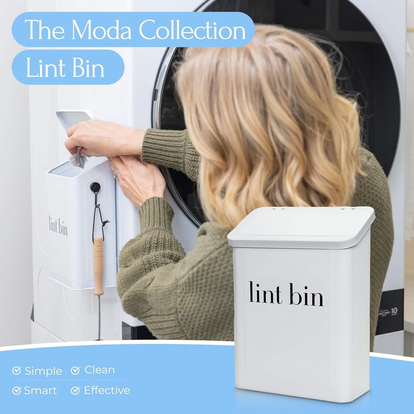 Magnetic Laundry Lint Bin for Dryer | Wall-Mounted Small Trash Can for Laundry Room | Includes Magnetic Hook & Lint Brush | Space-Saving Magnetic Laundry Trash Can | Matte White
