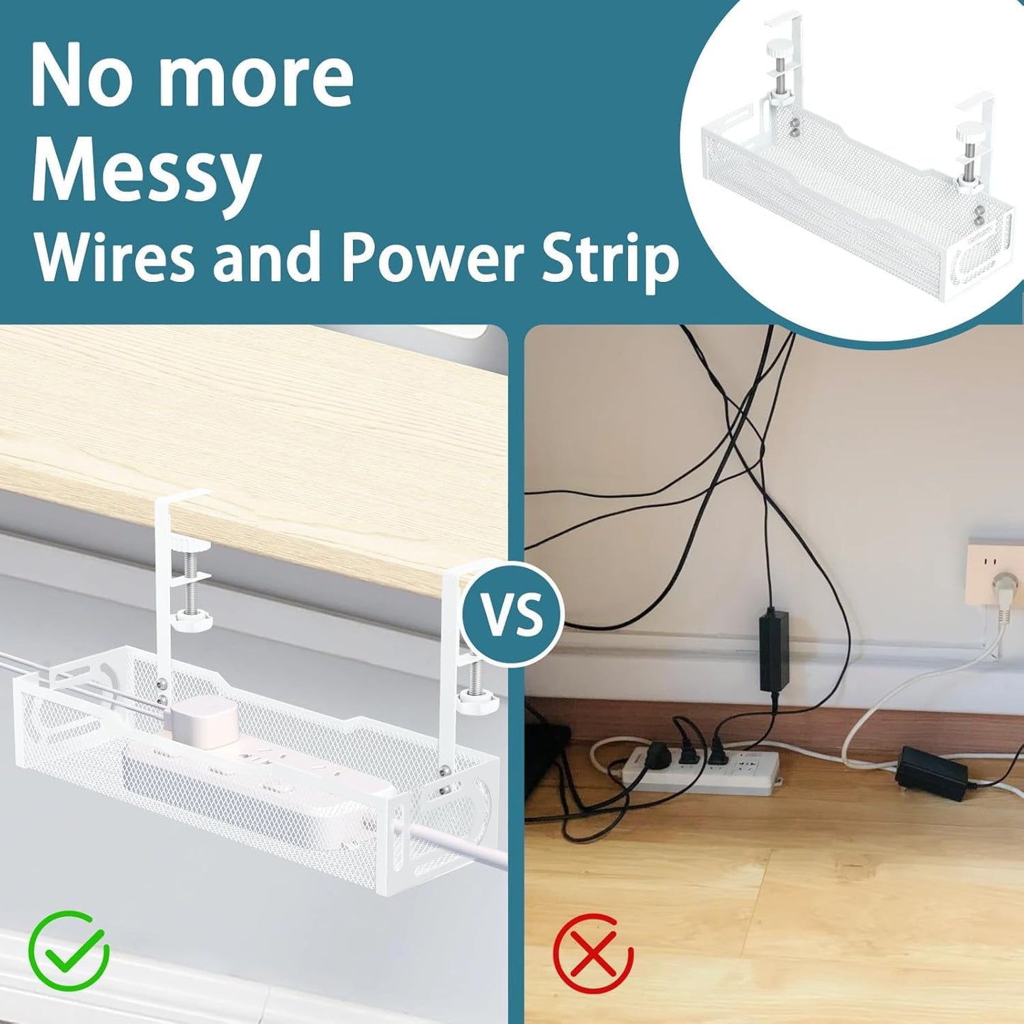 Under Desk Cable Management Tray, No Drill Mesh Cable Tray Cord Organizer | Wire Management Tray Cable Management Rack, Cable Management Box (White)
