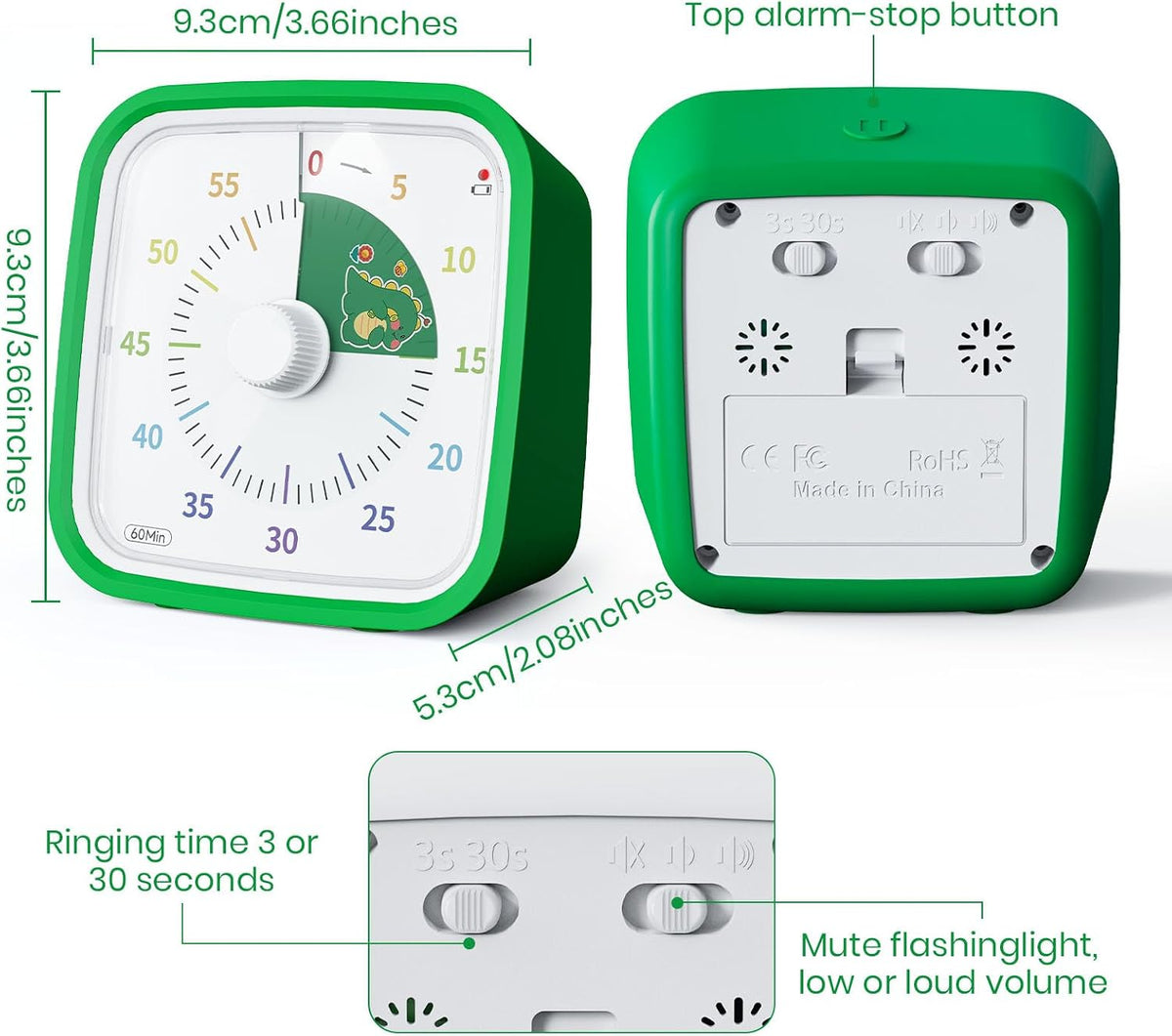Yunbaoit Dinosaur Visual Timer for Kids, 60-min Countdown Timer, Green