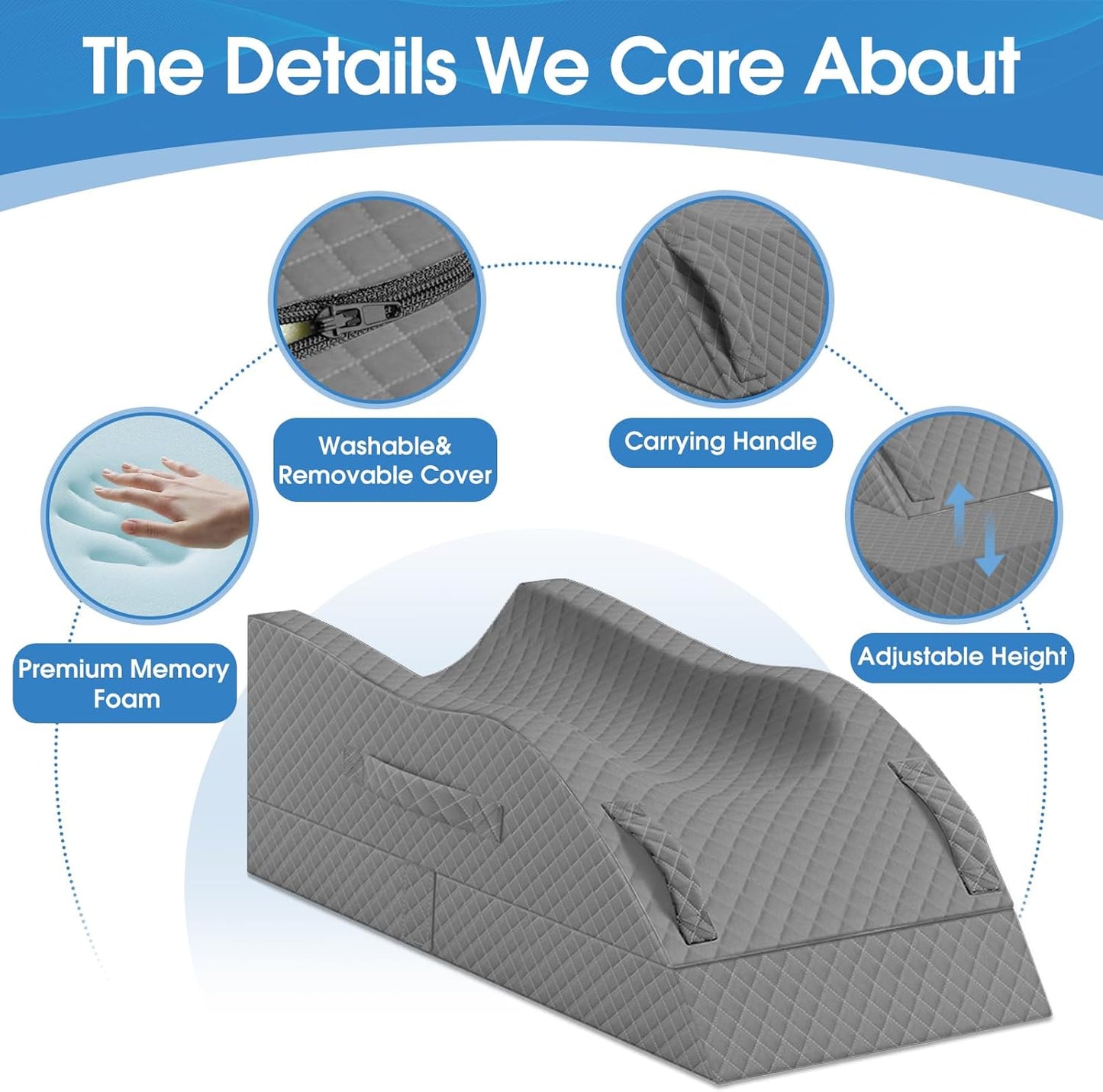 TranquilRelax Elevation Pillows for Leg After Surgery, Memory Foam Adjustable Wedge Pillow for Injury or Rest, Ankle Pillow for Sleeping Blood Circulation, Full Grey/Single Leg